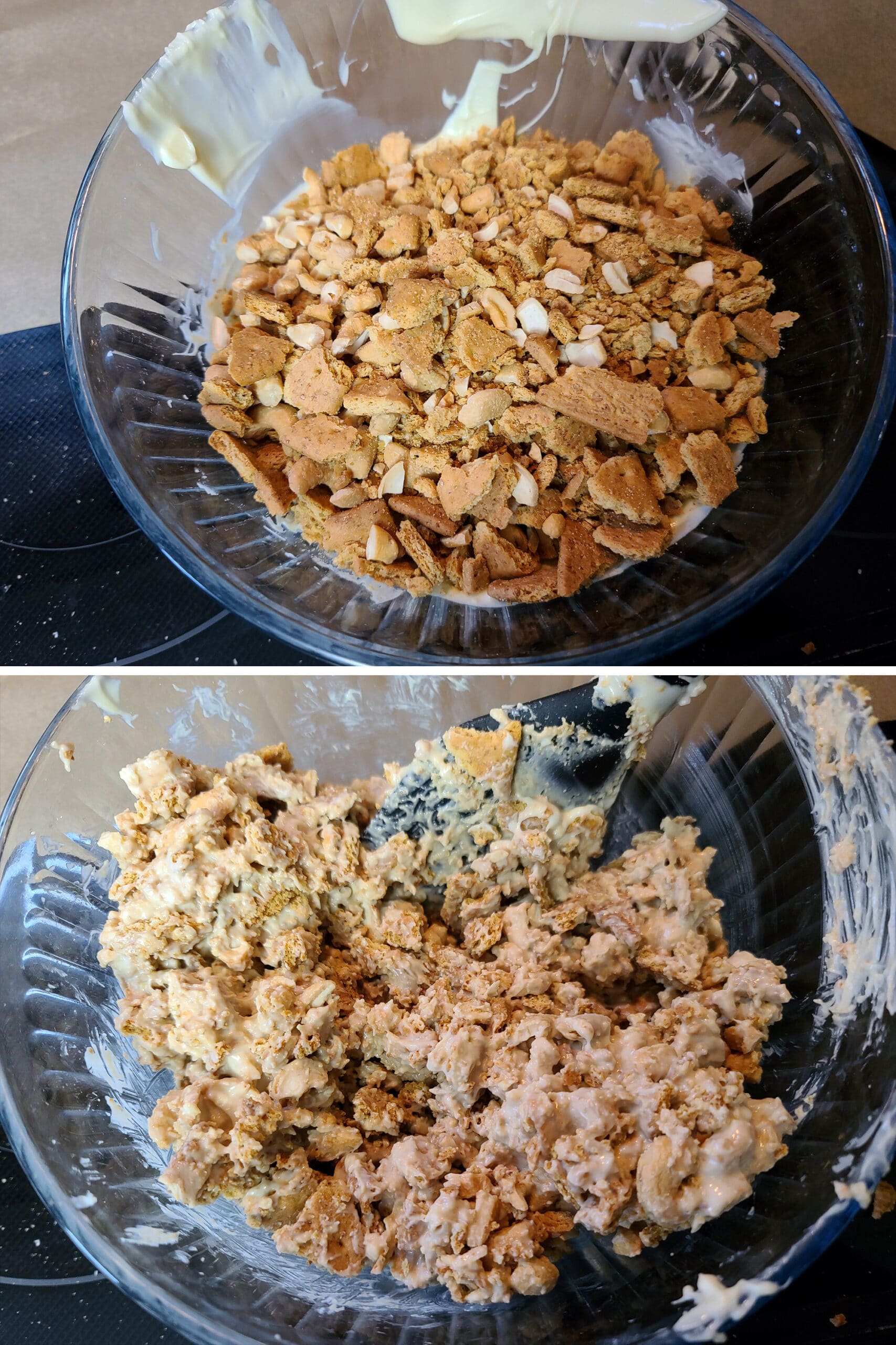 2 part image showing the graham crackers and cashews being stirred into the melted chocolate.