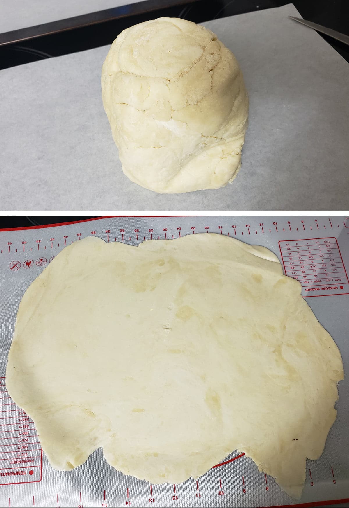 A two part compilation image, showing a ball of dough, then that ball of dough rolled out.