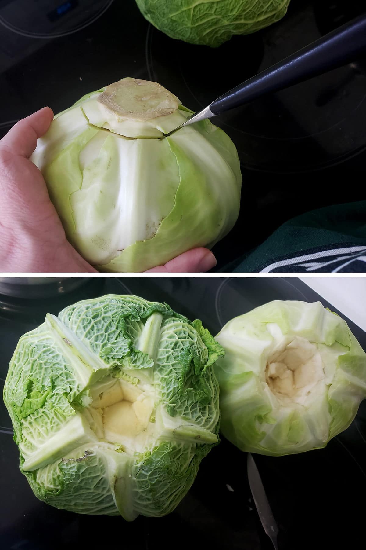 A two part compilation image showing a knife being used to remove the core of the cabbage.