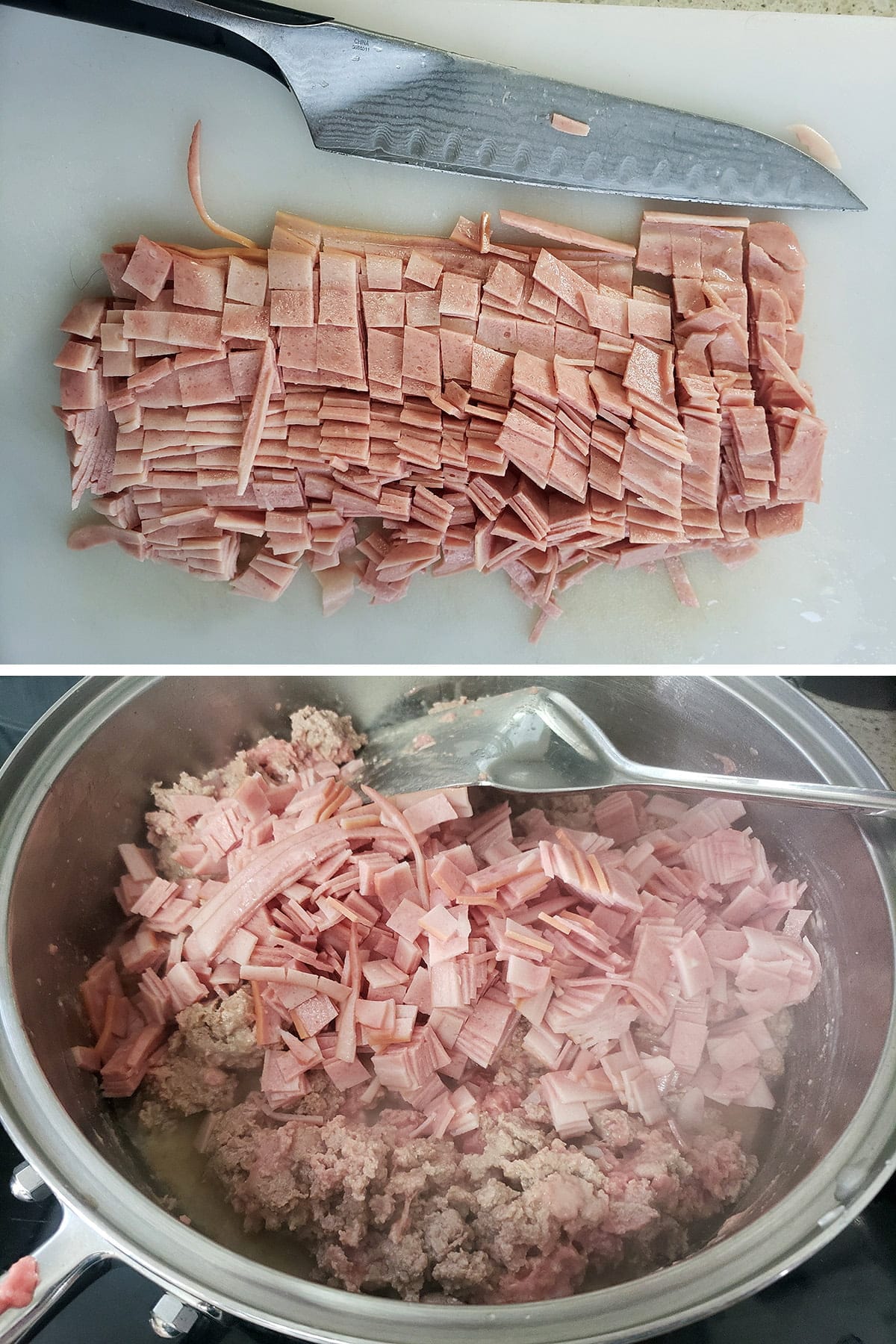 A two part compilation image showing chicken bacon cut up, and being added to the pan of ground chicken.