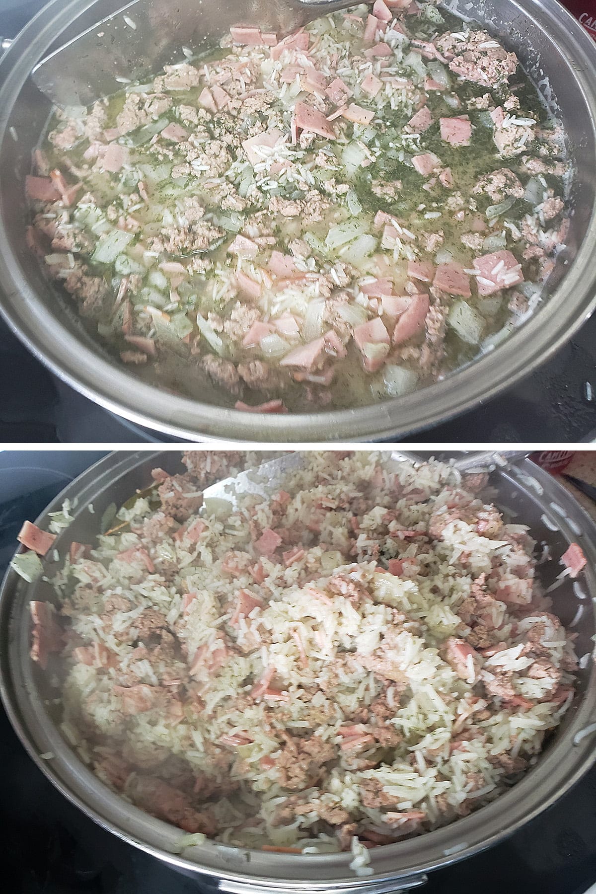 A two part compilation image showing the filling mixture before and after the rice has absorbed the stock.