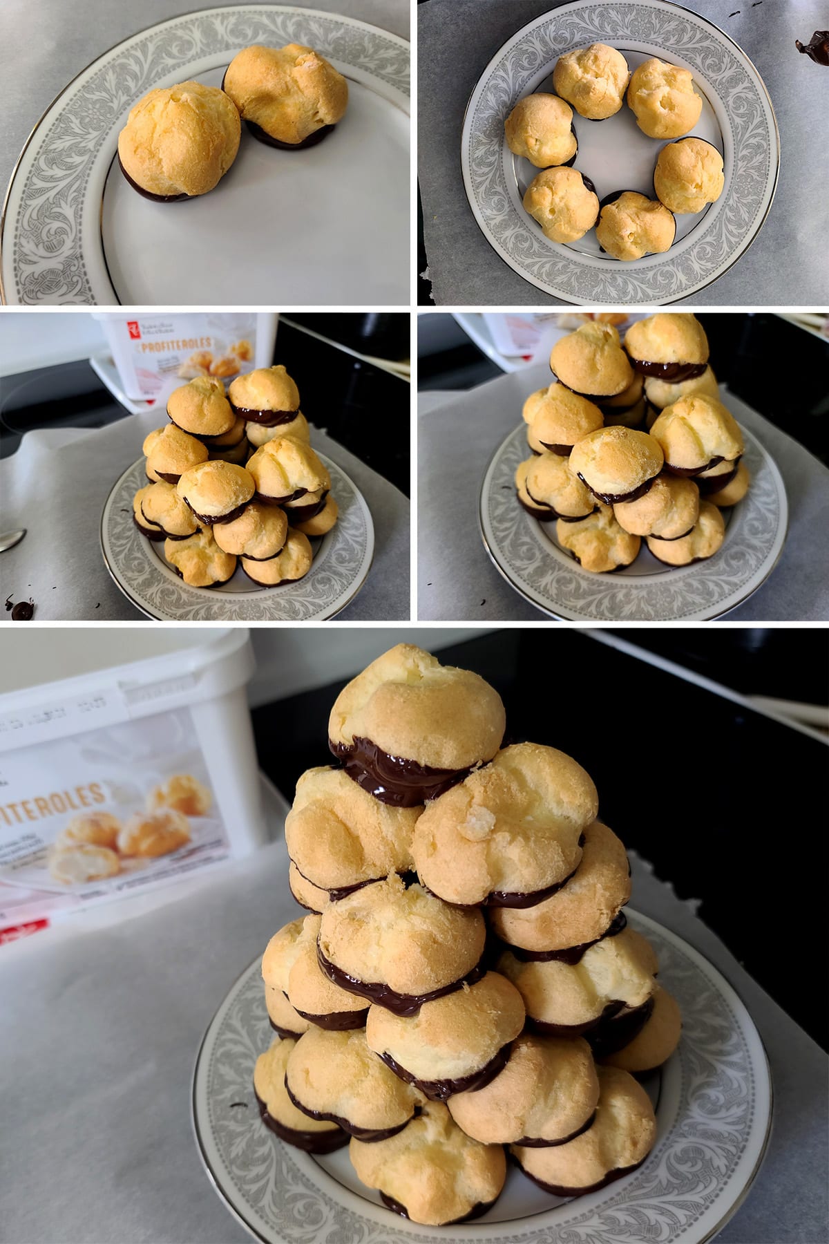 A 5 part image showing a small tower of chocolate croquembouche being made.