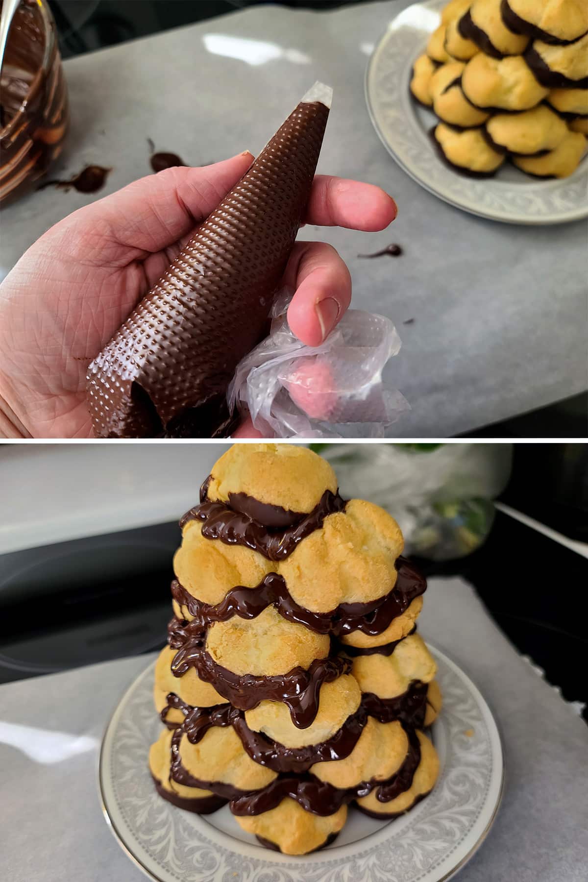 Melted chocolate in a pastry bag beiing piped onto the croquembouche as accent.