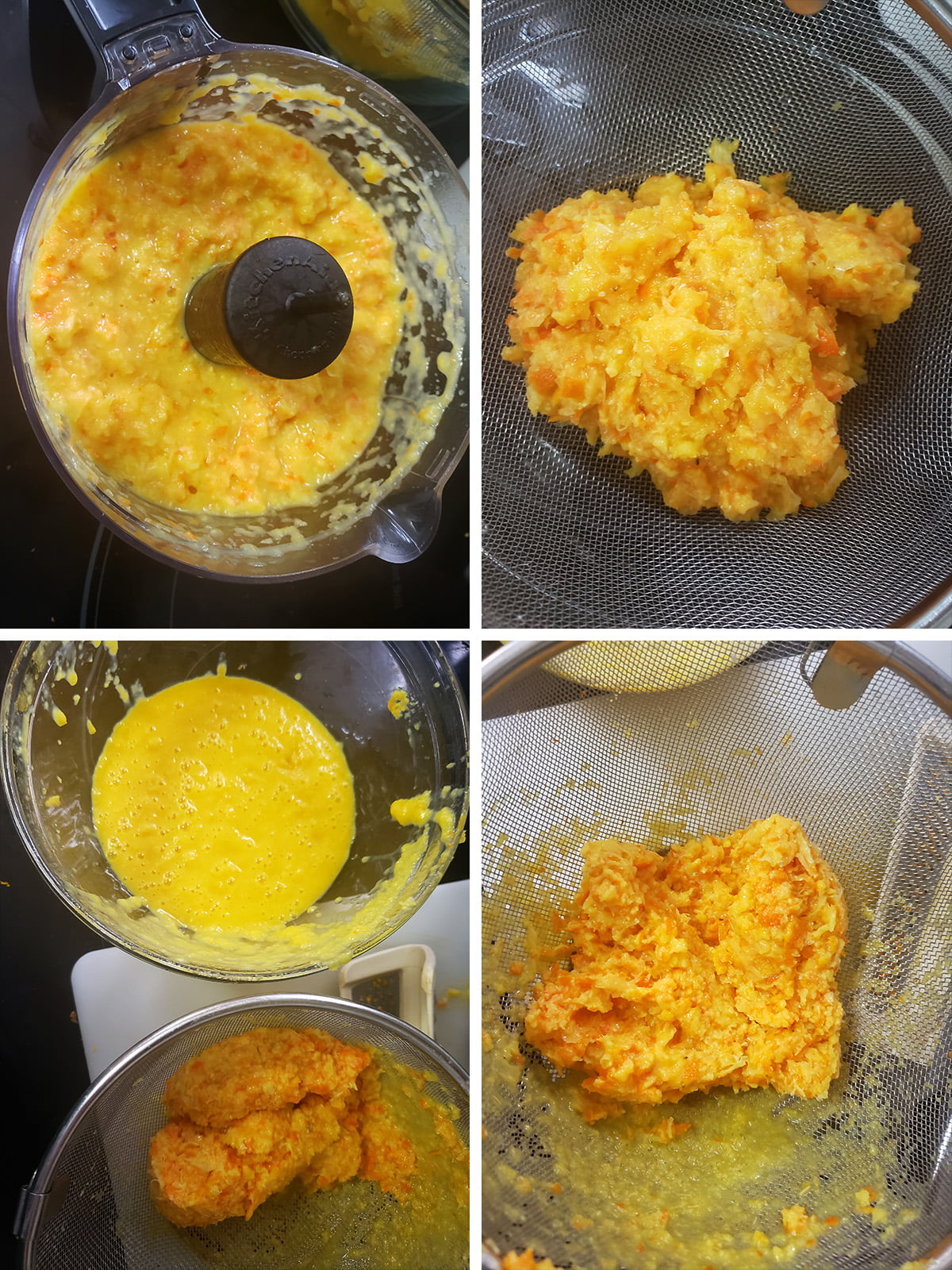 A 4 photo compilation image, showing the various stages of pureeing and straining the orange pulp.