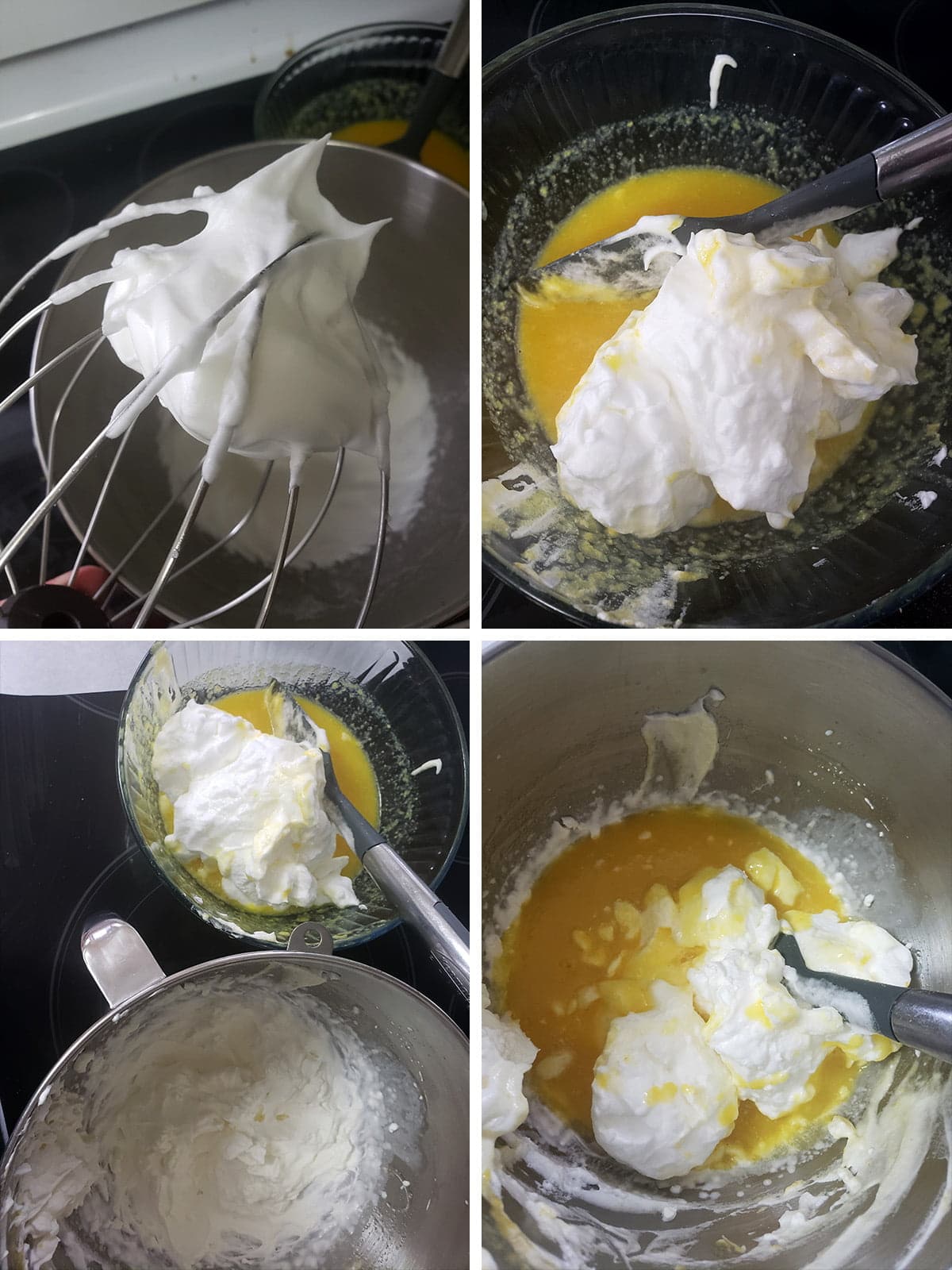 A 4 step compilation image, showing the addition of the whipped egg whites and whipped cream to the orange pulp.