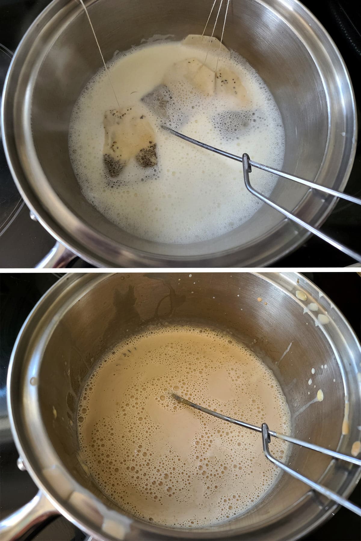 A two part compilation image showing tea bags infusing in the milk mixture, before and after it's coloured the milk brown.