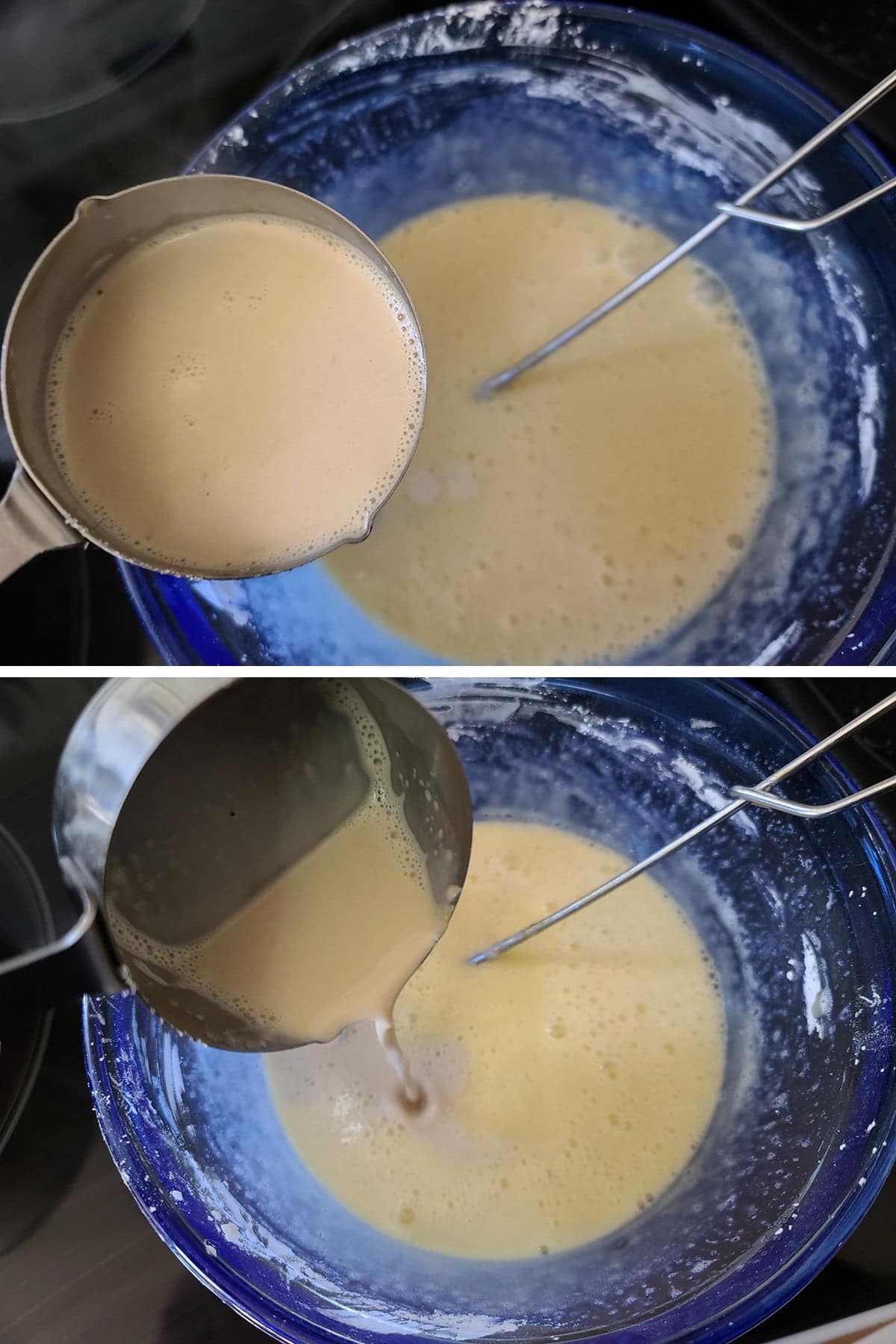A two part image showing hot milk mixture being poured into the egg and sugar mixture.