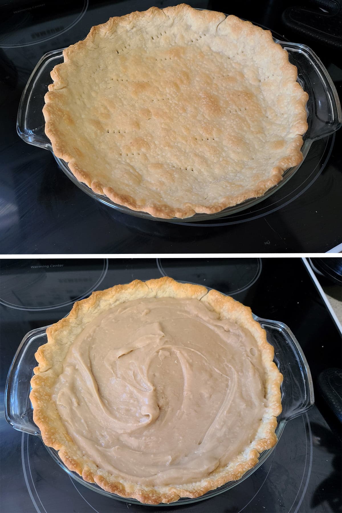 A two part image showing an empty pie crust, and then the pie crust filled with earl grey custard.