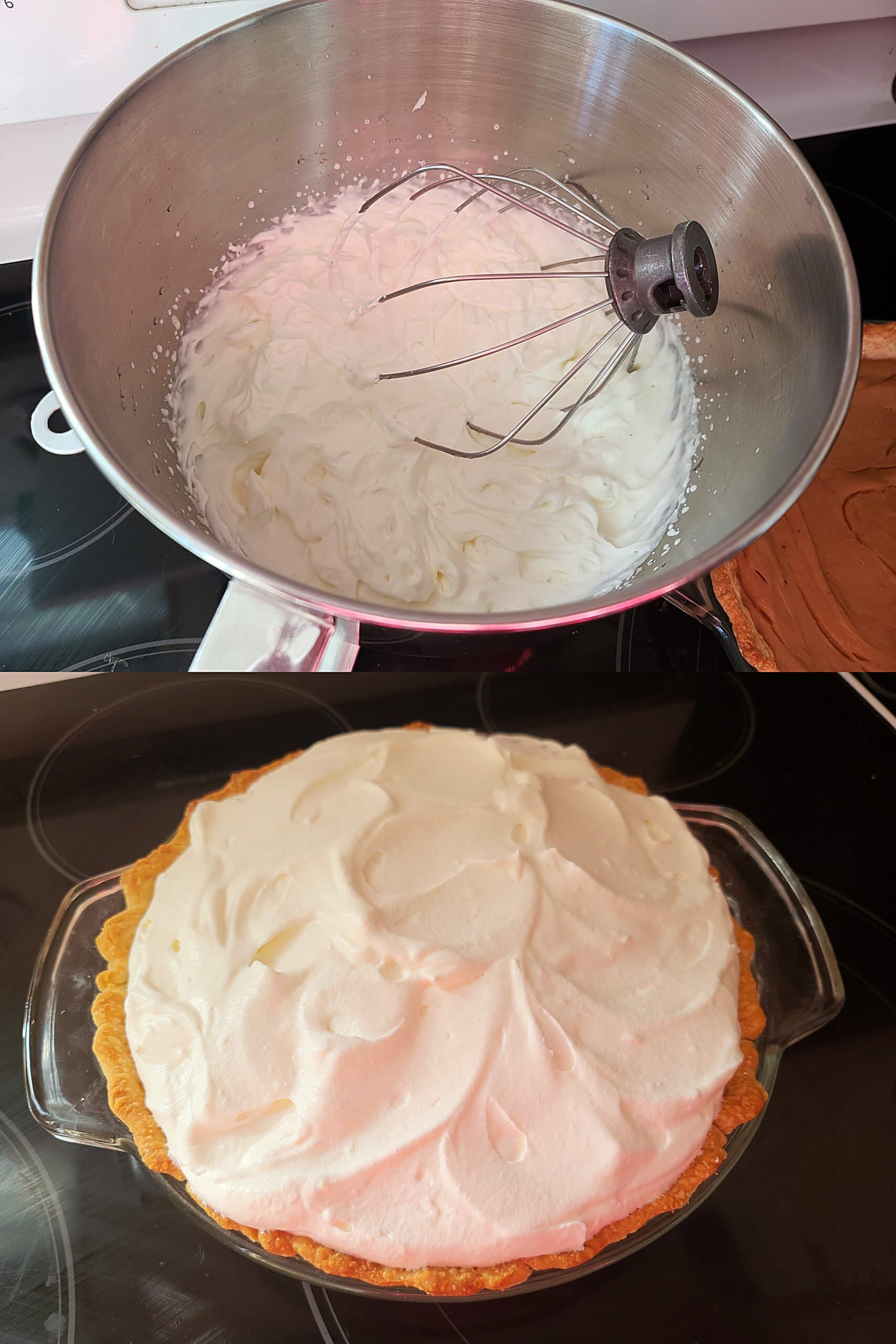 A two part image showing whipped cream in a mixing bowl, and the topped pie.