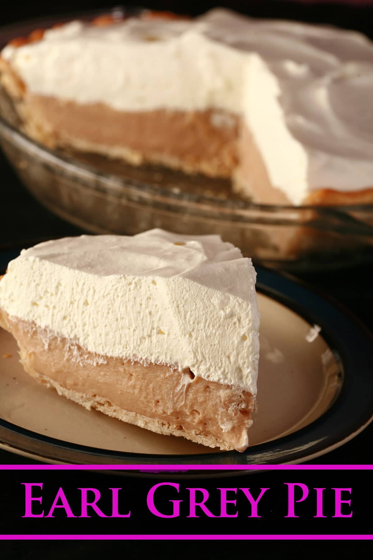 A slice of Earl Grey Custard Pie - A greige custard pie, topped with whipped cream.