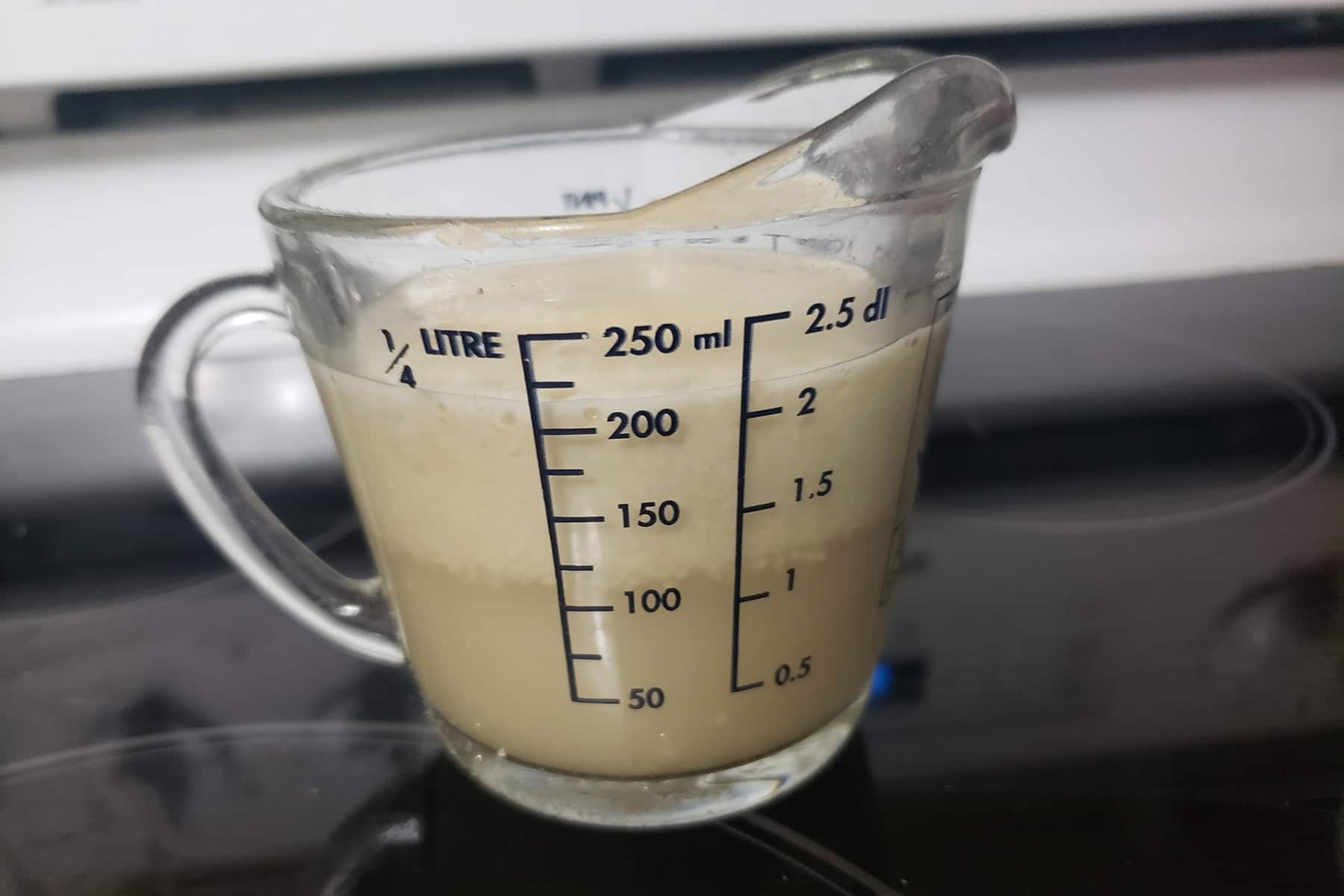 A glass measuring cup with yeasty water growing in it.
