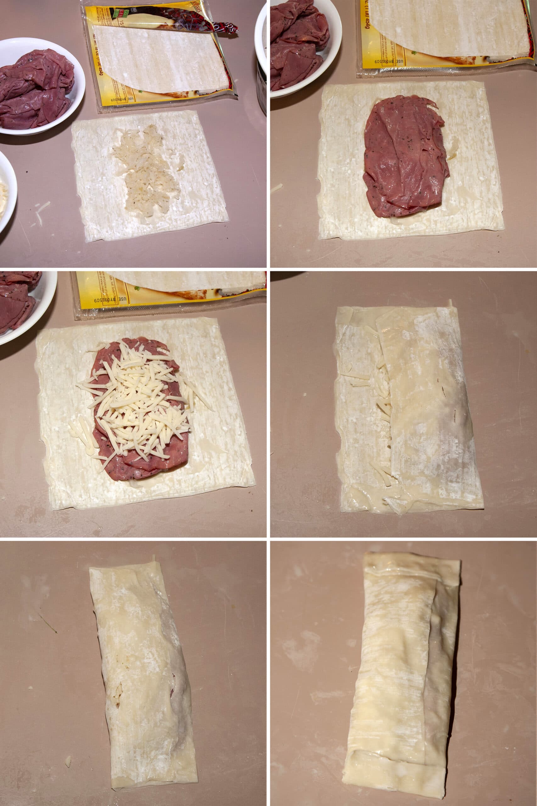 A 6 part image showing how to assemble the reuben poppers, as described in the post.