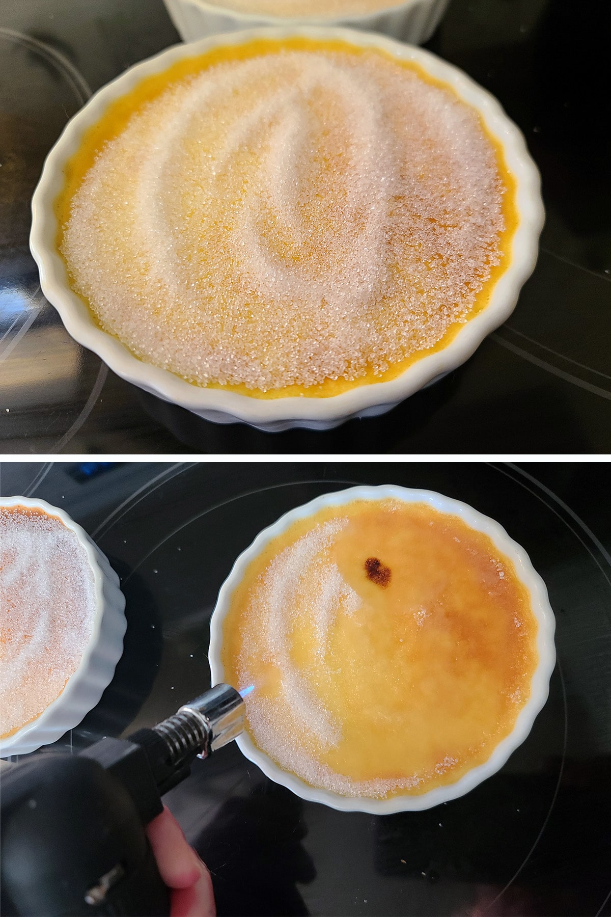 A 2 part image showing sugar being spread on a creme brulee, and a kitchen torch being used to caramelize it.