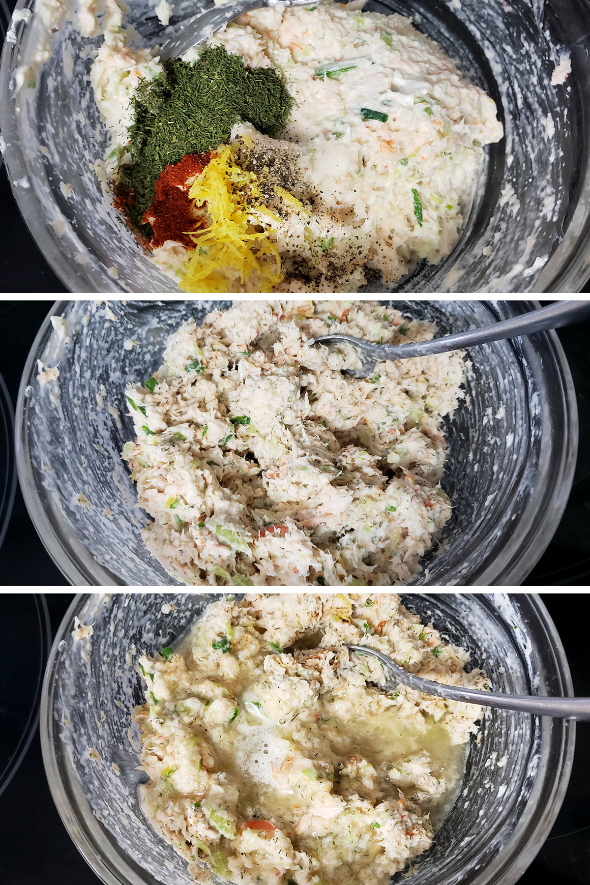 A 3 part compilation image showing the addition of spices to the mousse, and the addition of gelatin.
