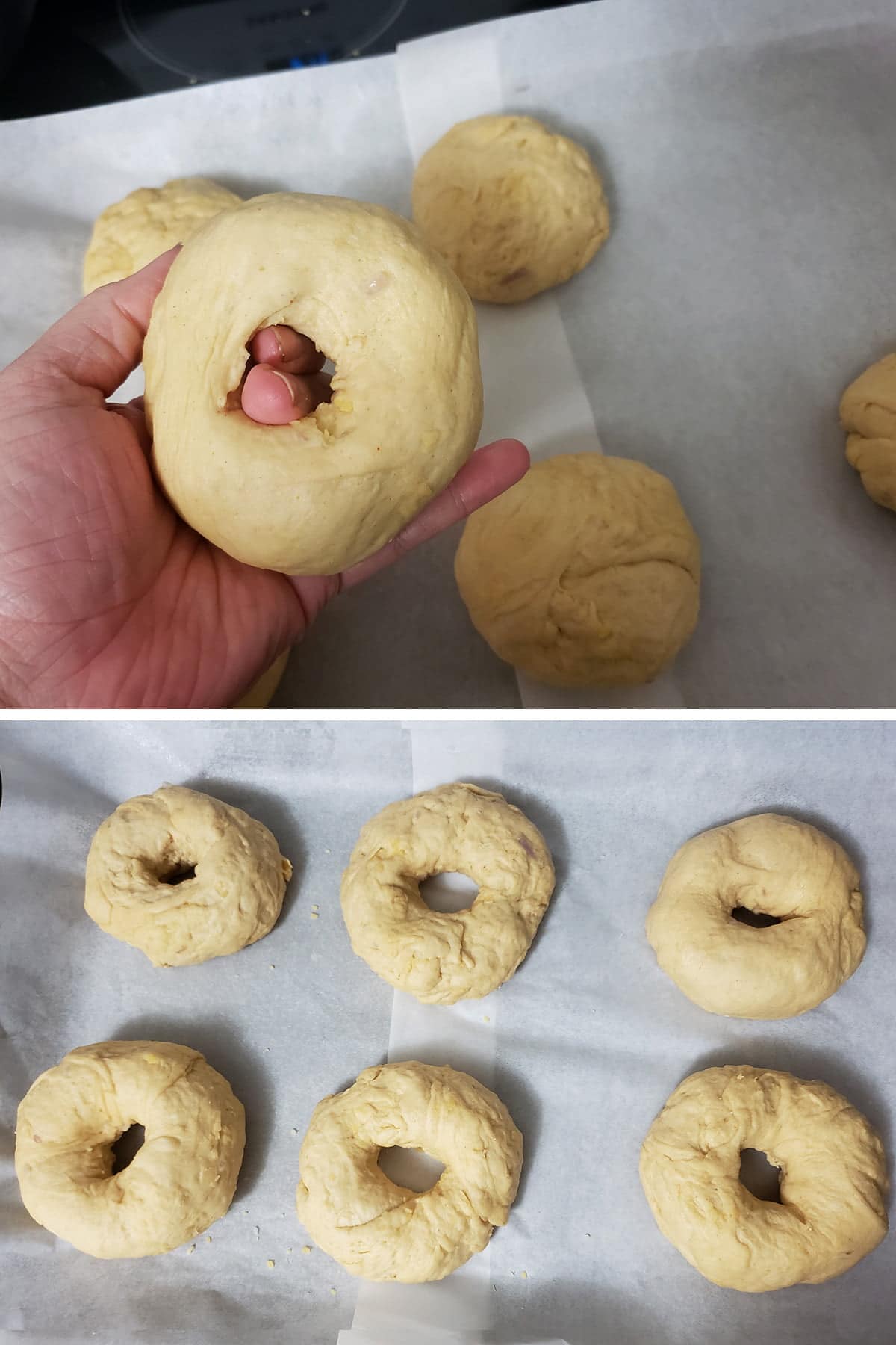 A two part compilation image showing a hole being poked through a ball of bagel dough, and 6 formed bagels arranged on parchment.