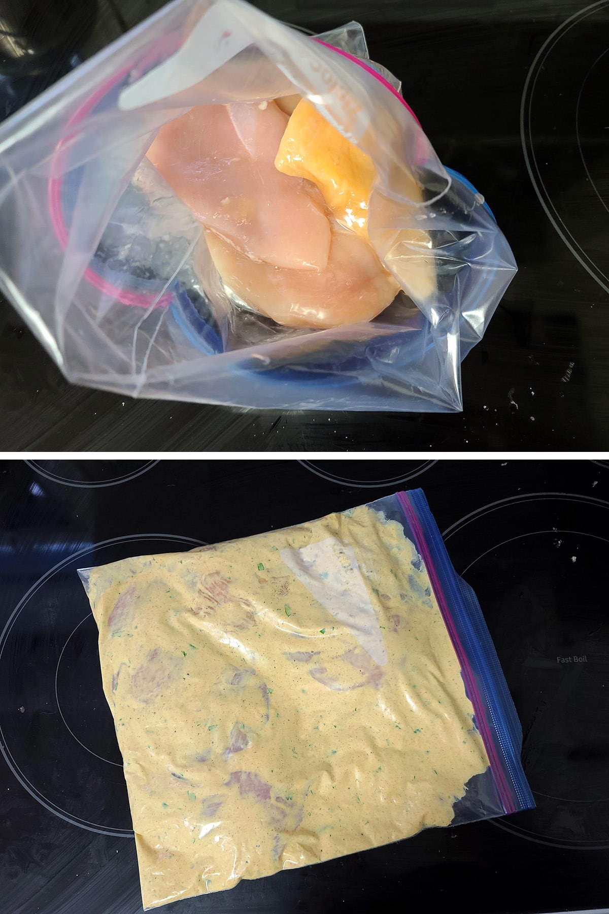 A two part compilation image, showing chicken in a plastic baggie, and then after the marinade has been added to the chicken and mushed around.