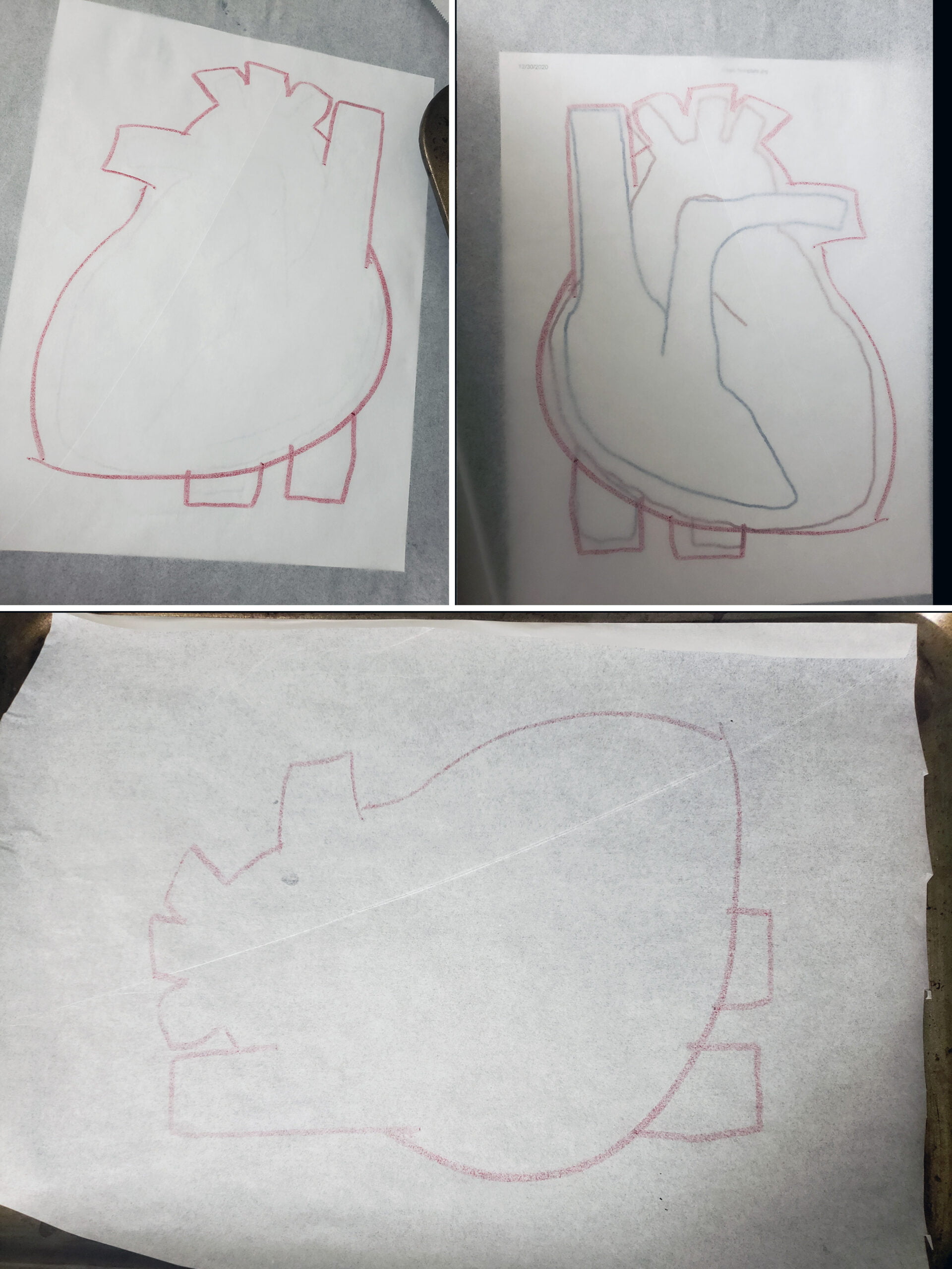 A 3 part compilation image, showing the tracing of a heart - in reverse - onto parchment paper.