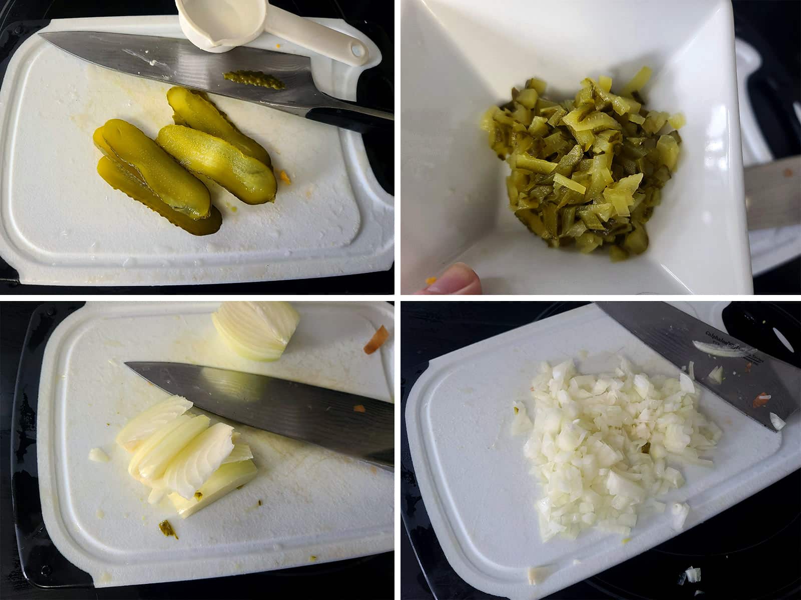 A 2 part image showing the pickles and onion being finely chopped.