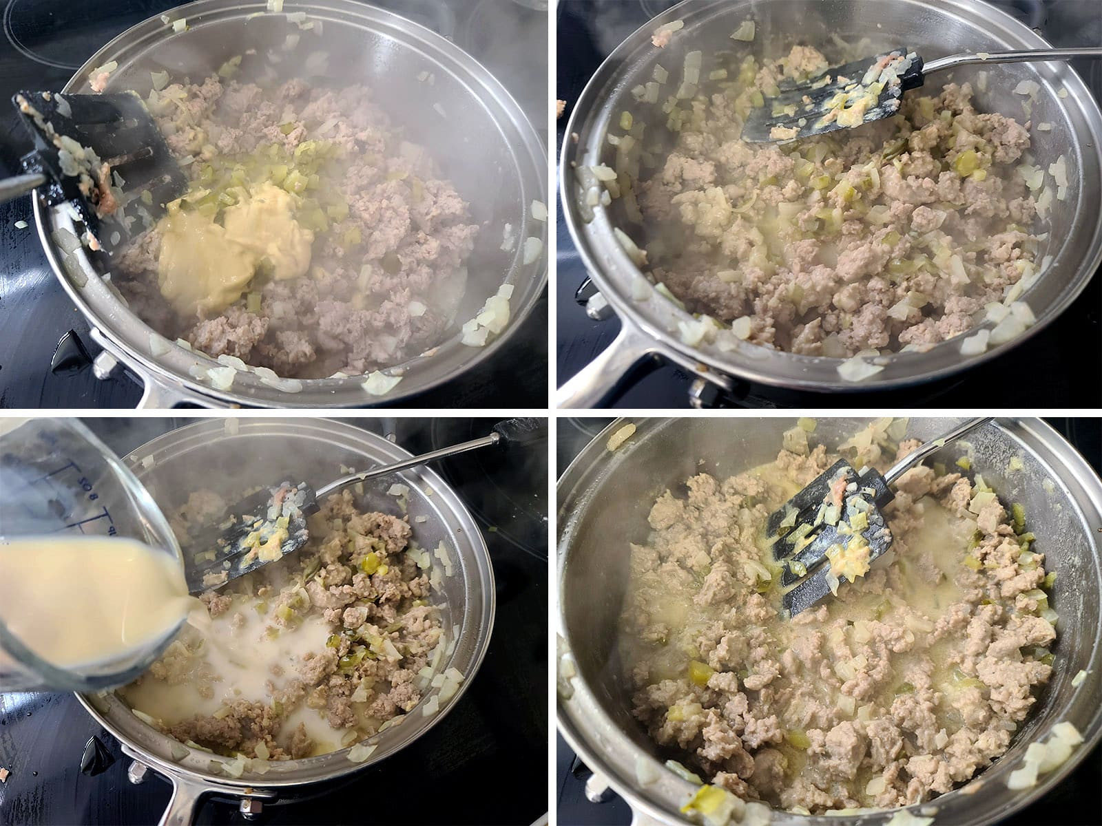 A 4 part image showing the pickles, mustard, and milk being added to the pan.