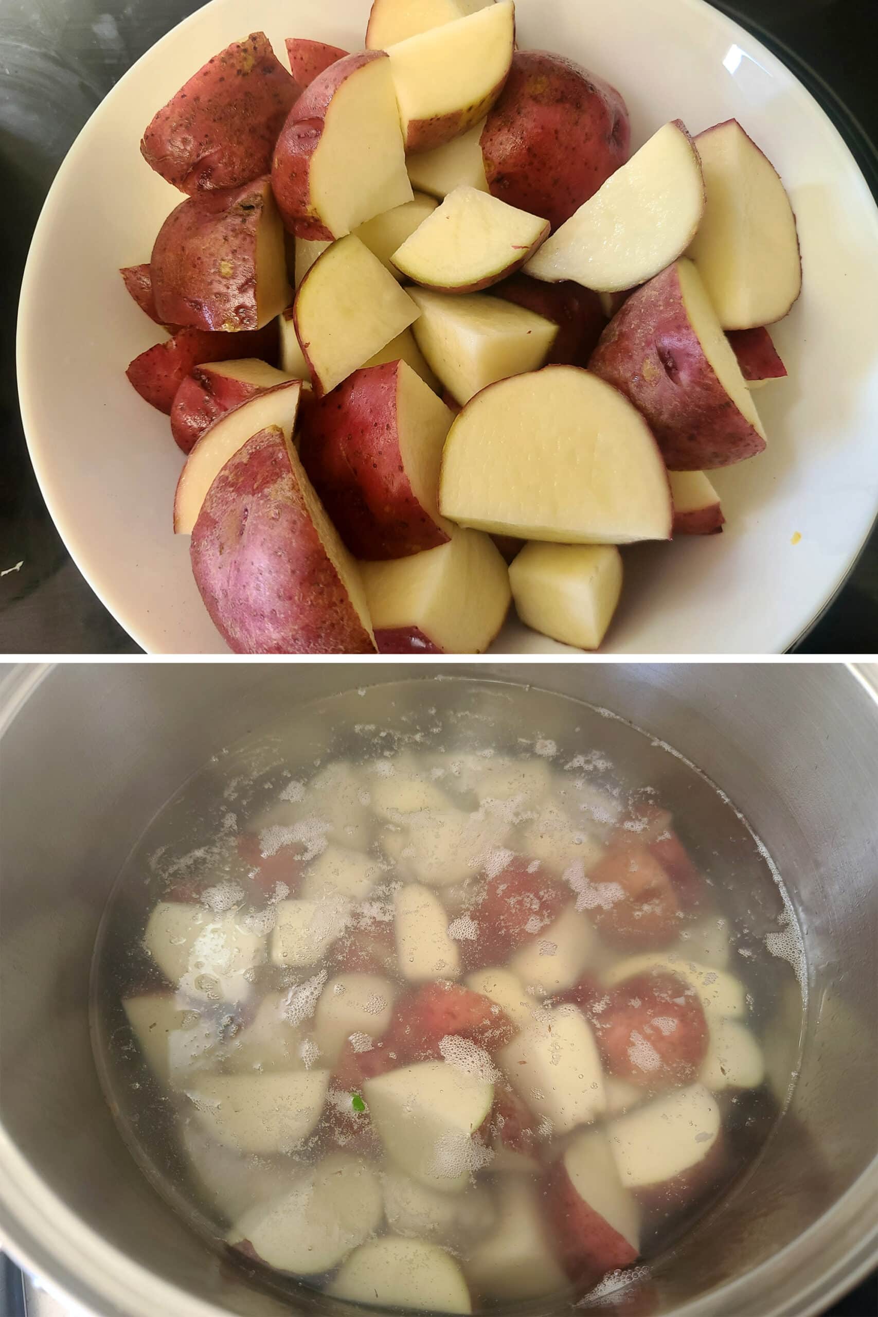 A 2 part image showing the chopped potatoes in a bowl, then in a pot of boiling water.
