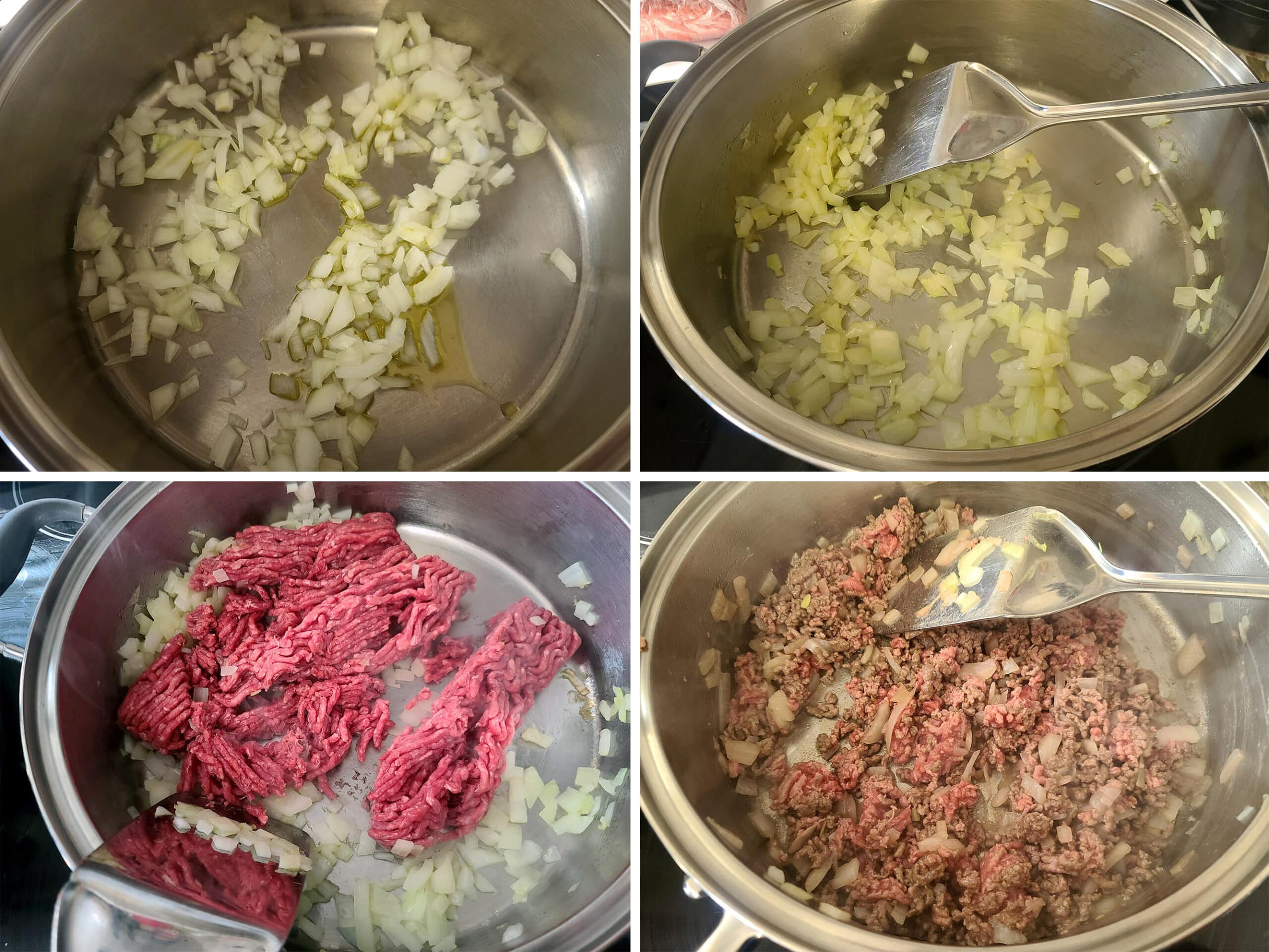 A 4 part image showing the onions being sauteed, then the ground beef being added and browned.