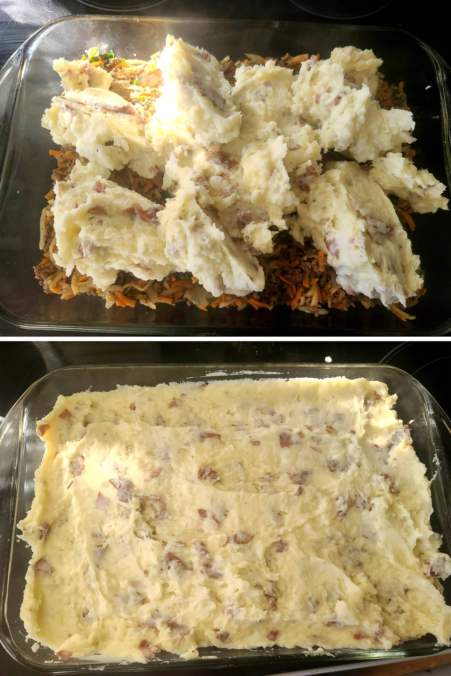 A 2 part image showing the mashed potatoes being spooned on top of the meat mixture and spread to cover it.