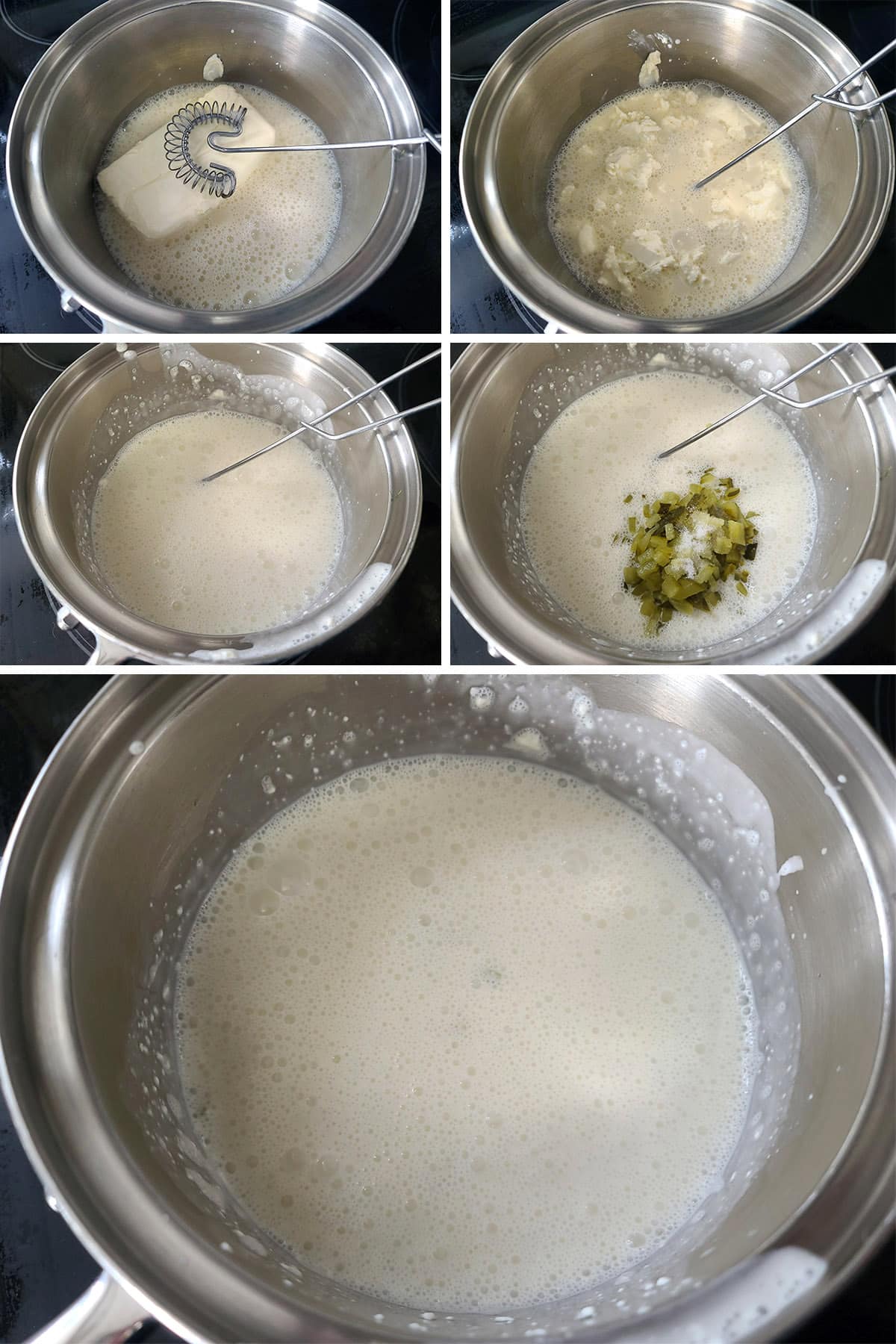A  5 part image showing the cream cheese and pickles being whisked in.