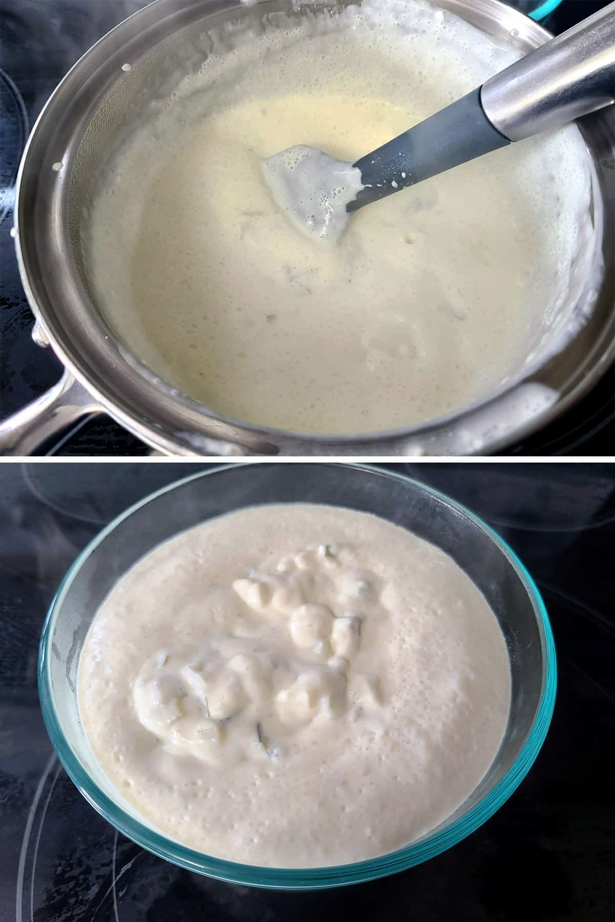 A 2 part image showing the thickened dip in the pot, then in a serving bowl.