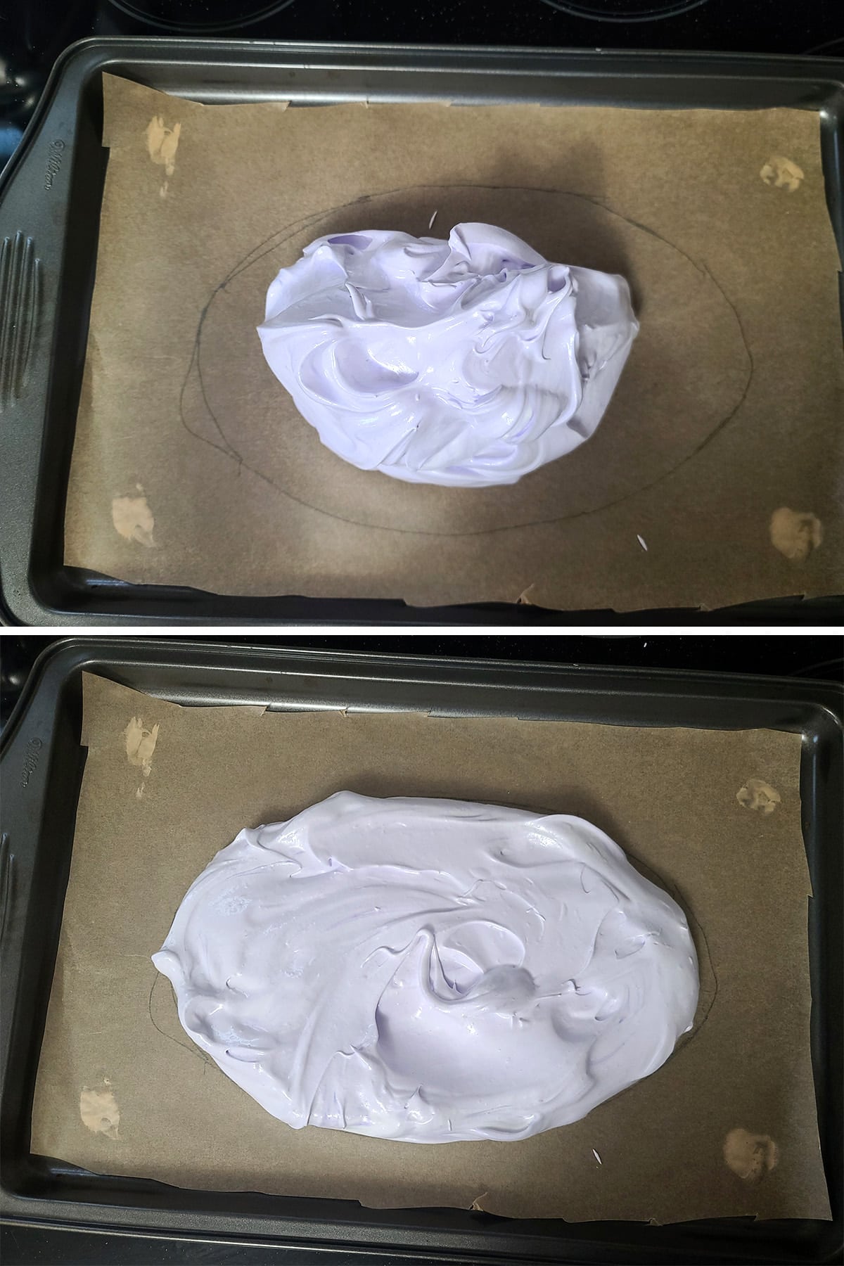A 2 part image showing pale purple meringue on the parchment lined baking sheet, before and after being spread to an egg shape.
