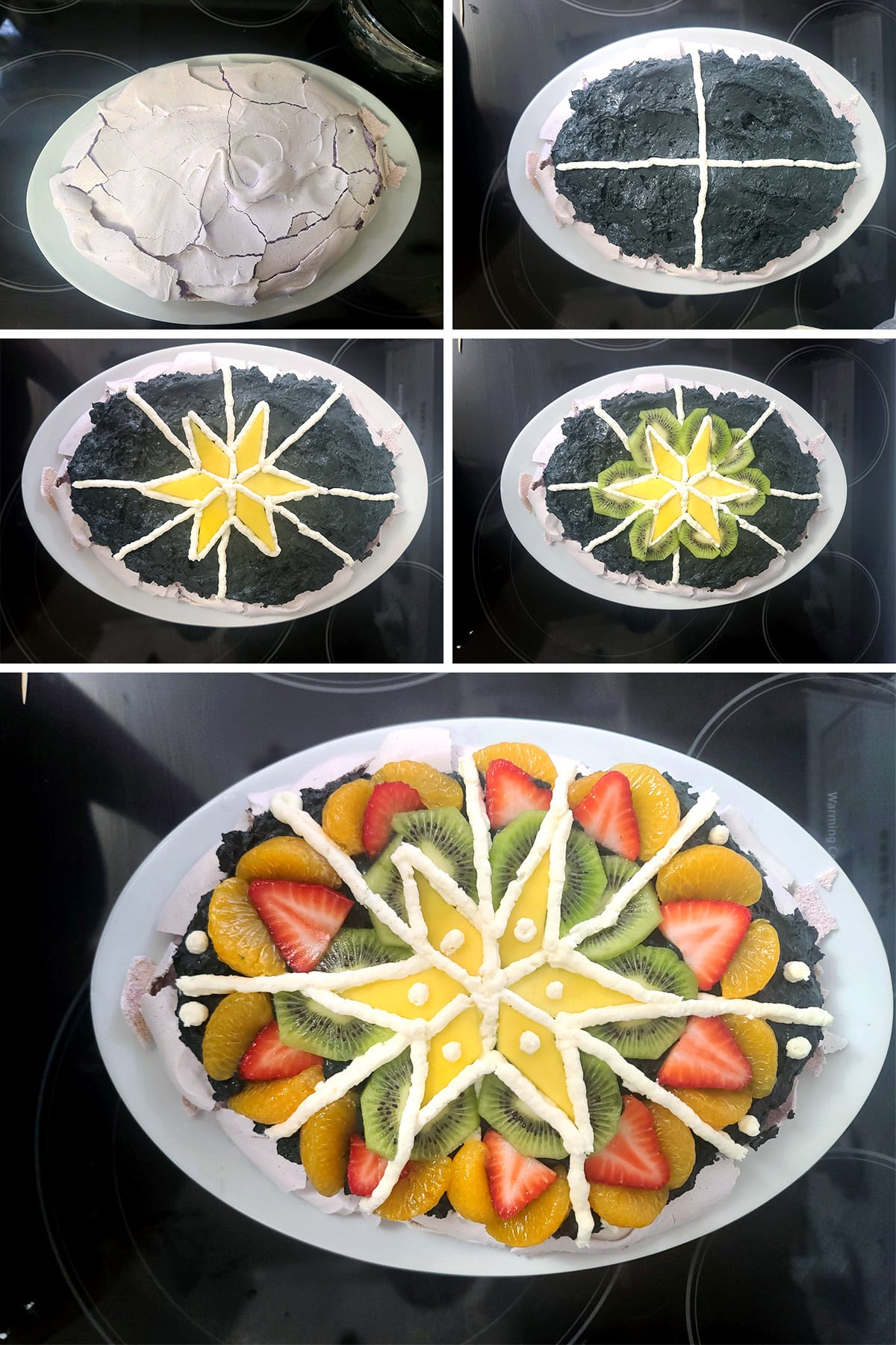 A 5 part image showing black whipped cream spread on the baked meringue, then topped with fruit and lines of white whipped cream to look like a Ukrainian Easter egg.