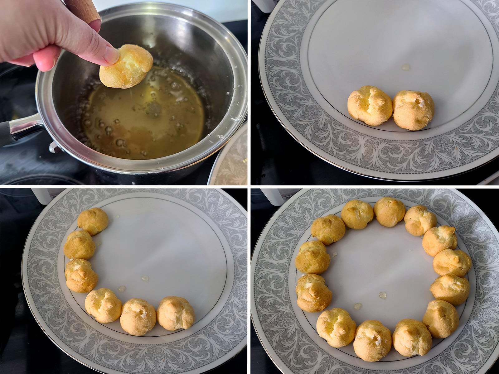 A 4 part image showing a profiterole dipped in caramel, stuck to a plate, and more added to make a circle.