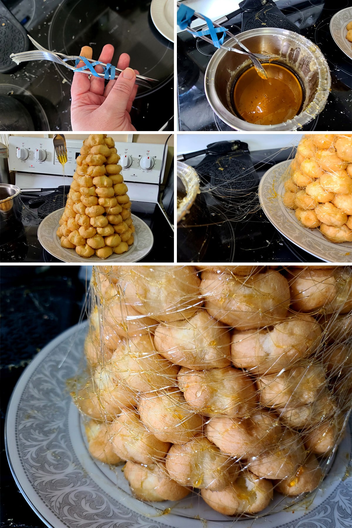 A 5 part image showing forks being tied together and used to drizzle a web of sugar around a croquembouche.