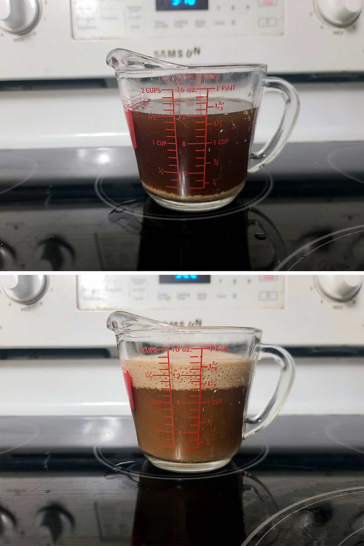 A 2 part image showing the beer and yeast mixture, before and after foaming up.