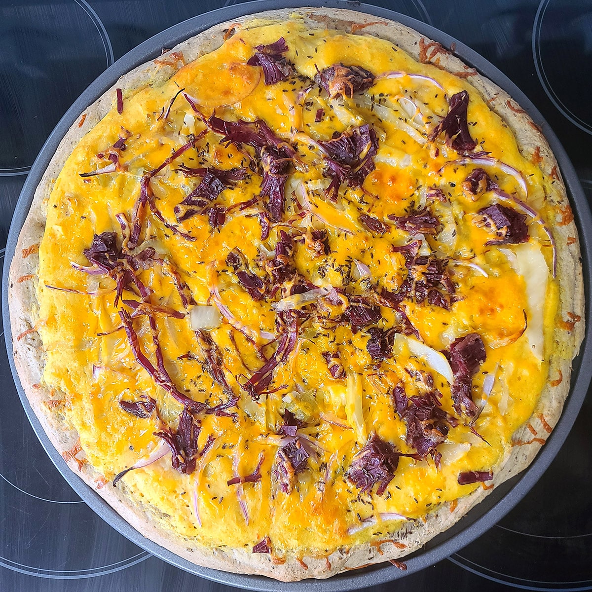 An overhead view of the Irish pizza, fresh from the oven.