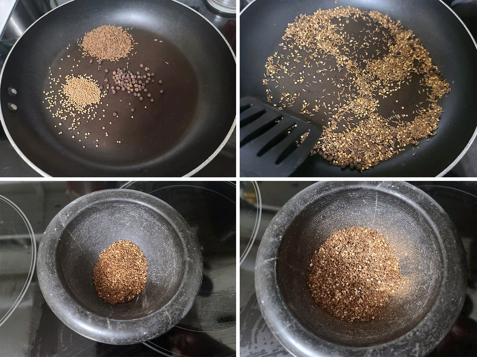 A 4 part image showing the spices being toasted in a pan then ground with a mortar and pestle.