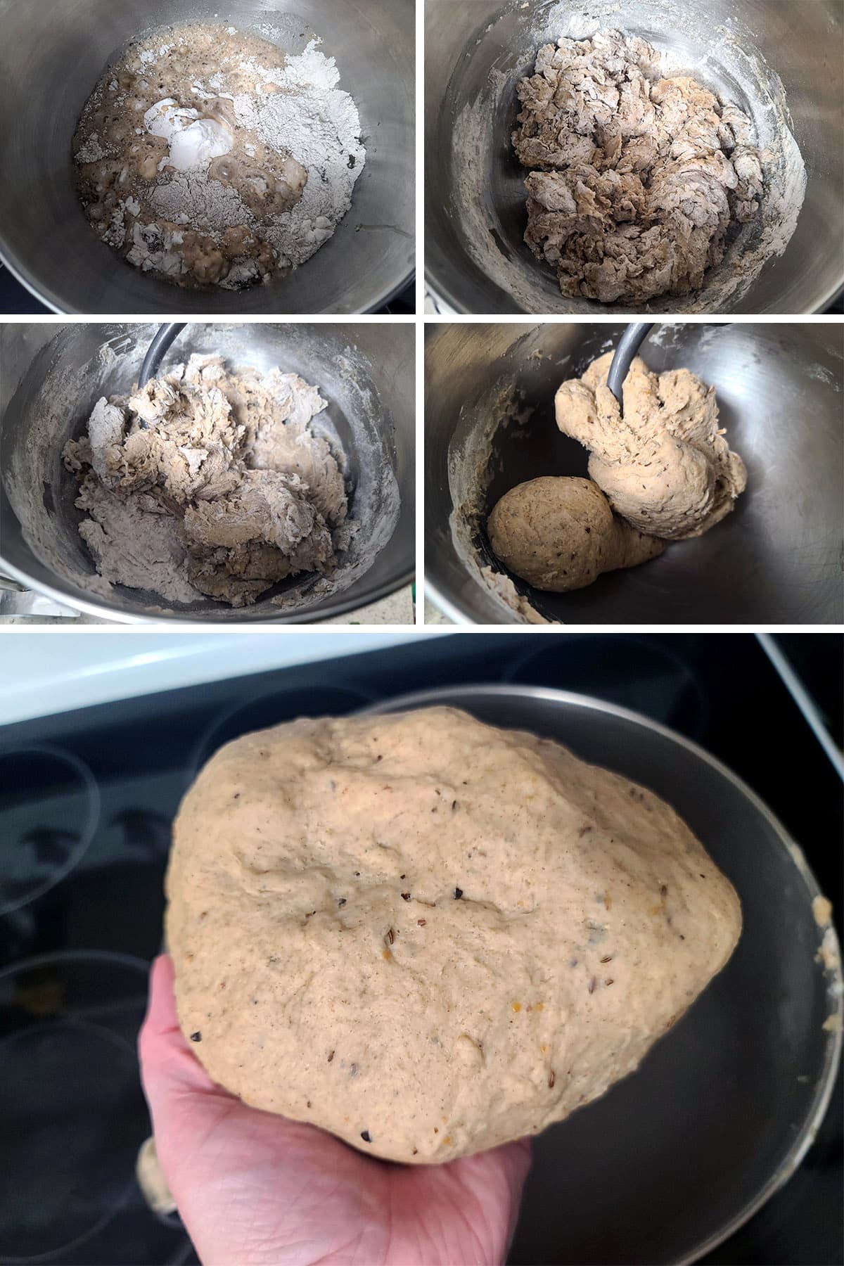 A 5 part image showing the dough ingredients being mixed into a rough dough then kneaded to a smooth ball.