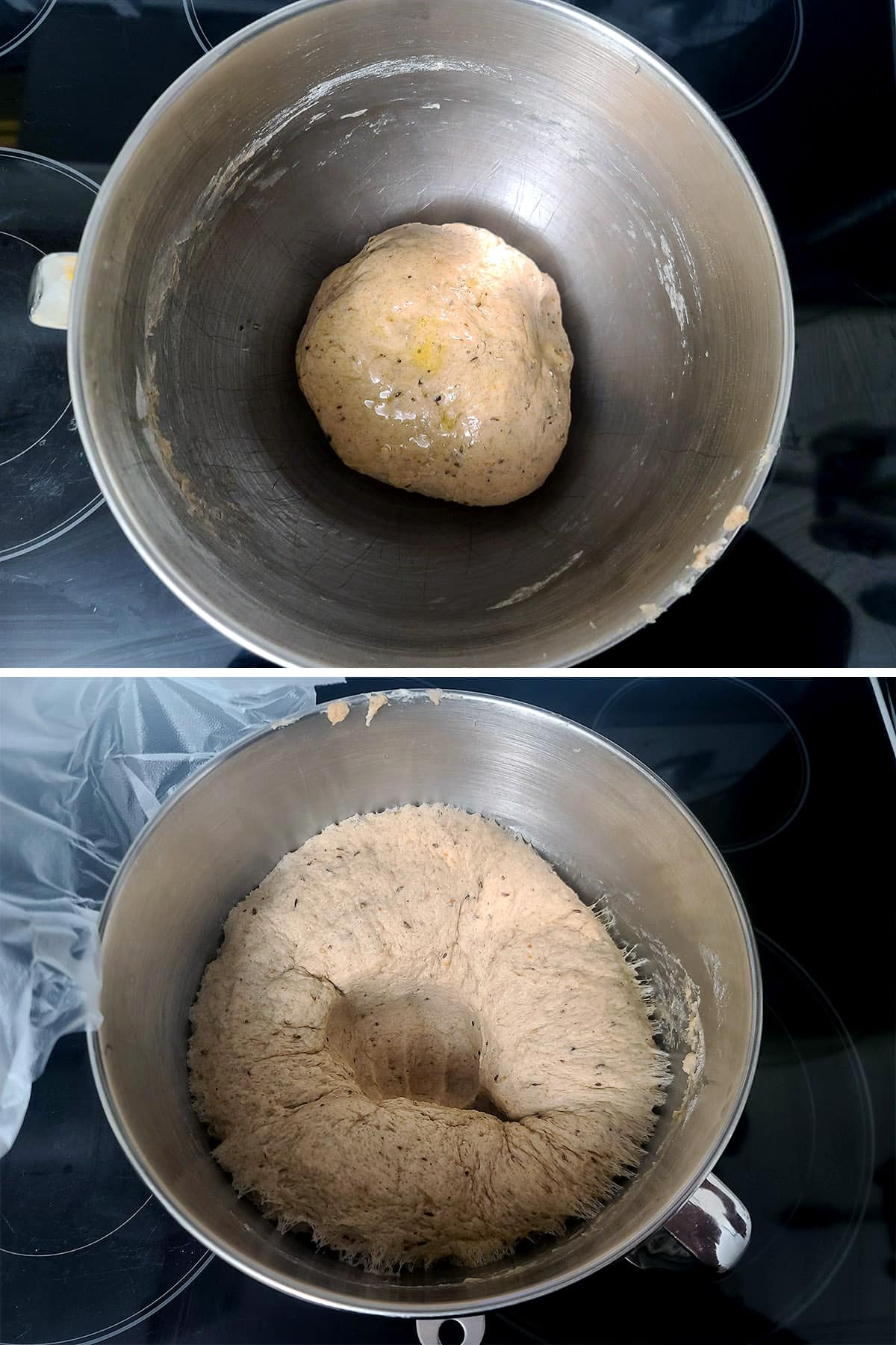 A 2 part image showing the rye pizza crust dough before rising, then double the size with a fist shaped indentation.