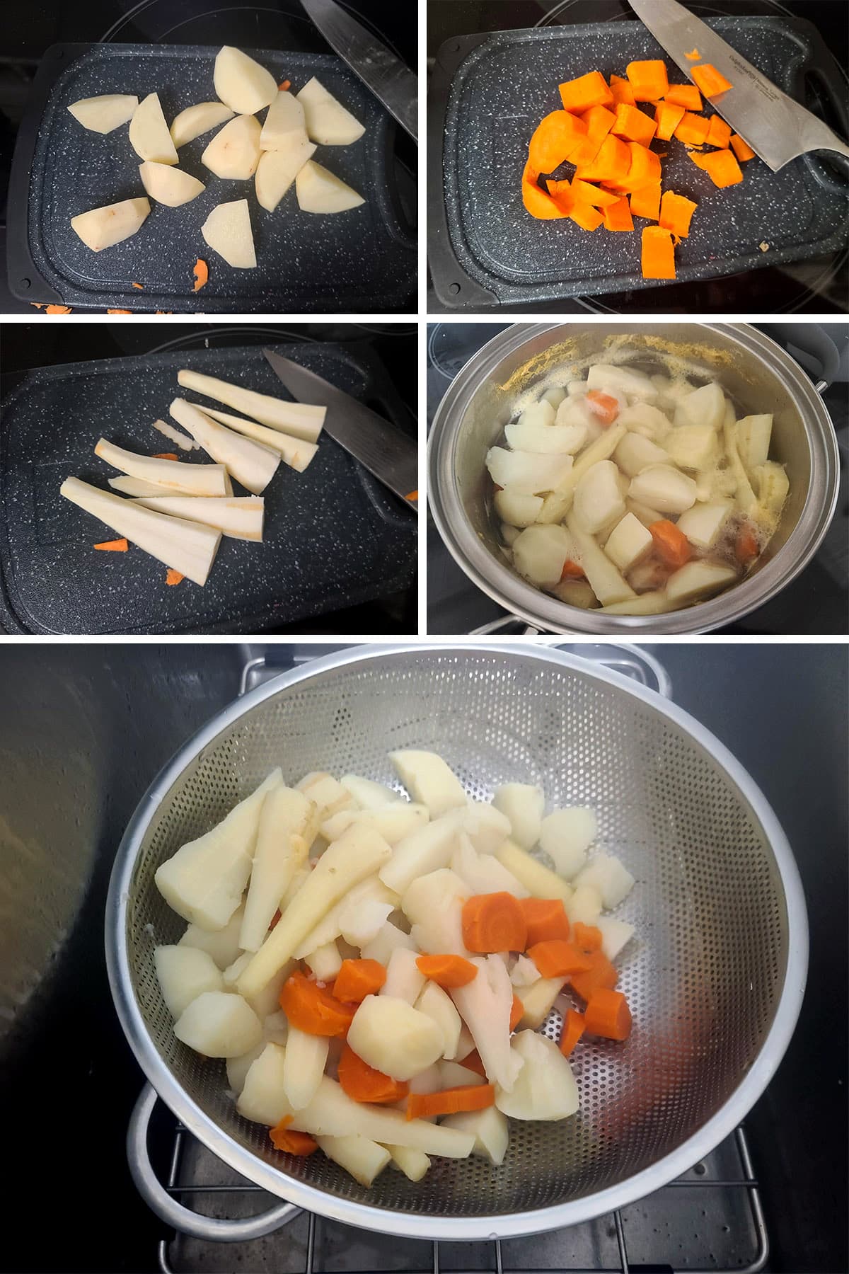 A 5 part image showing the vegetables being cut, boiled, and drained.