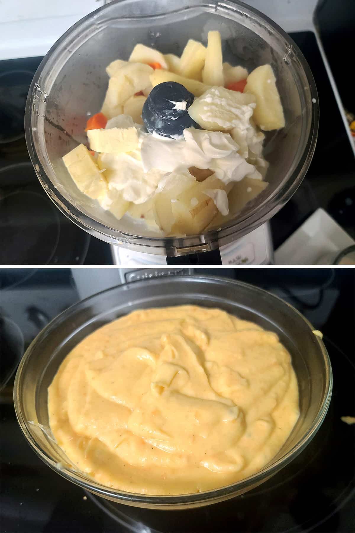 A 2 part image showing the vegetables being processed to a smooth sauce with the sour cream and butter.