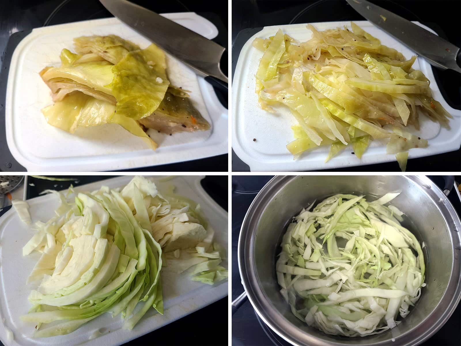 A 4 part image showing both raw and boiled cabbage, before and after being thinly sliced.