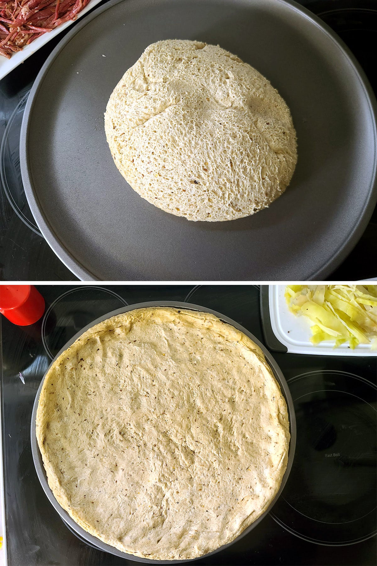 A 2 part image showing the caraway rye dough dumped out on a large pizza pan, then pressed out to form the pizza crust.