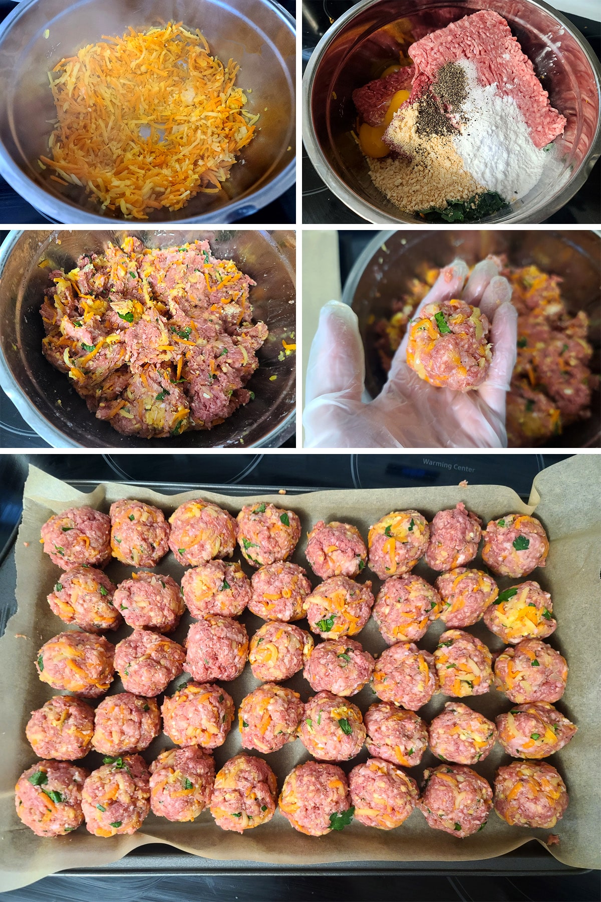 A 5 part image showing the meatball mixture being mixed together, formed into meatballs, and arranged on a large baking pan.