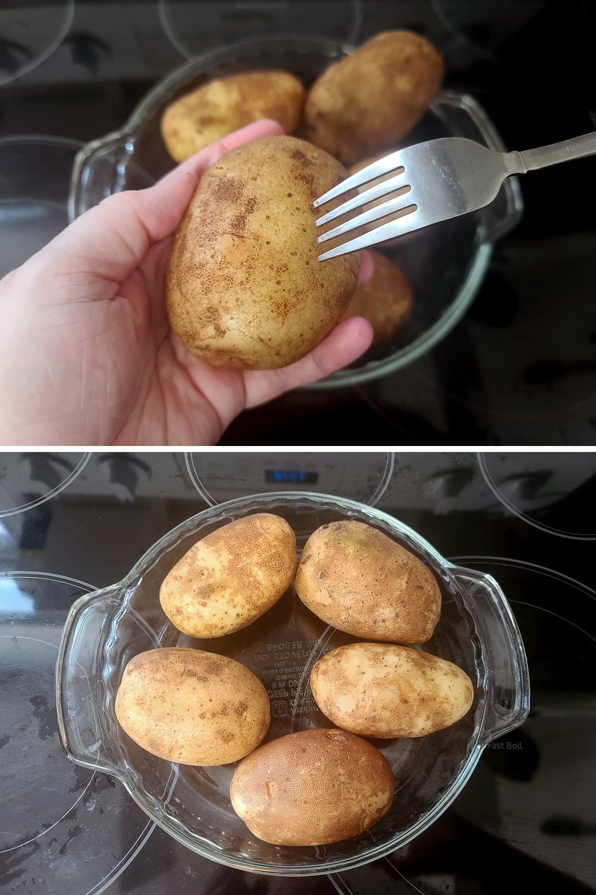 A 2 part image showing the potatoes being pricked with a fork and arranged in a glass baking dish.