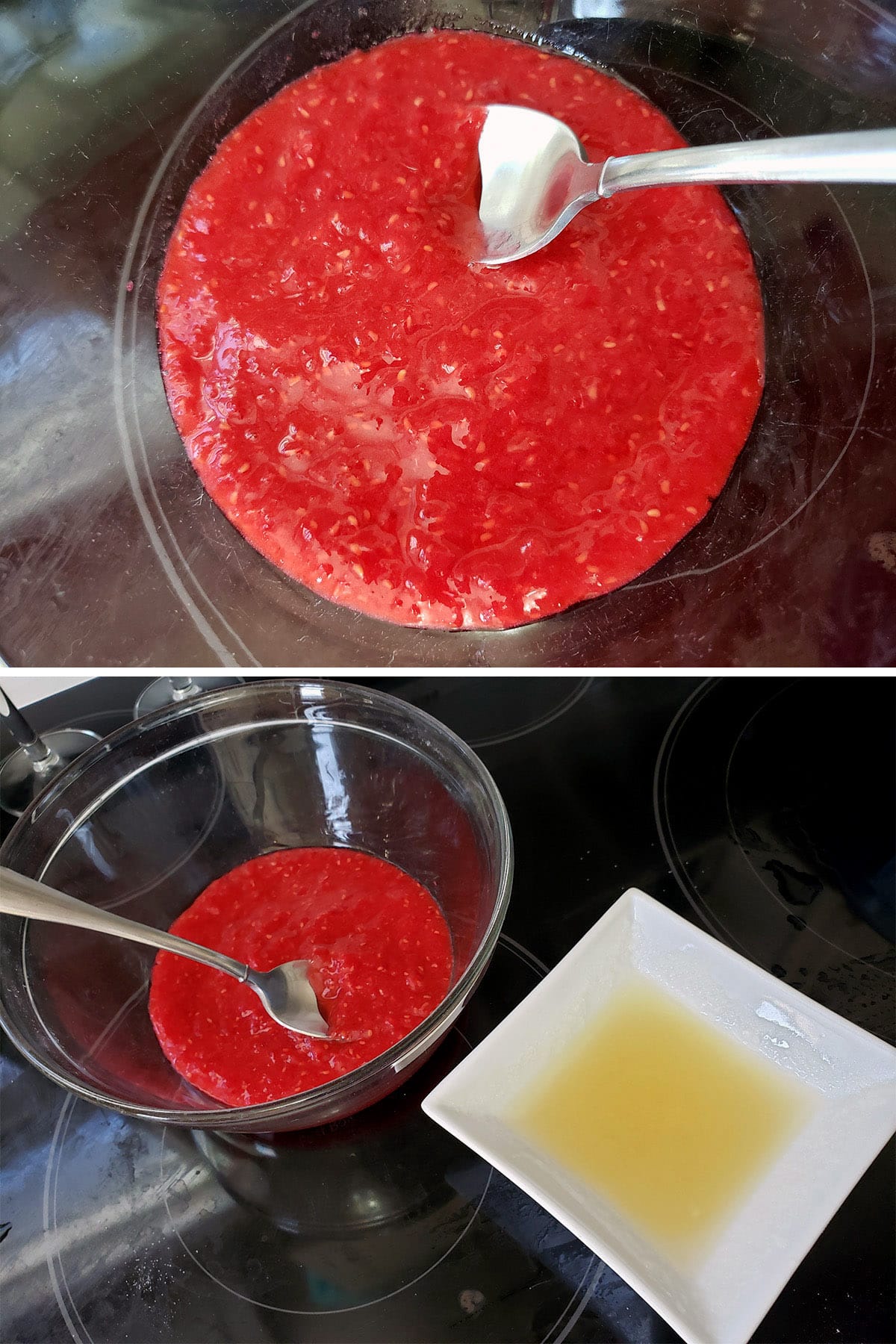 A 2 part image showing raspberry puree, and the bowl of puree next to a small bowl of gelatin