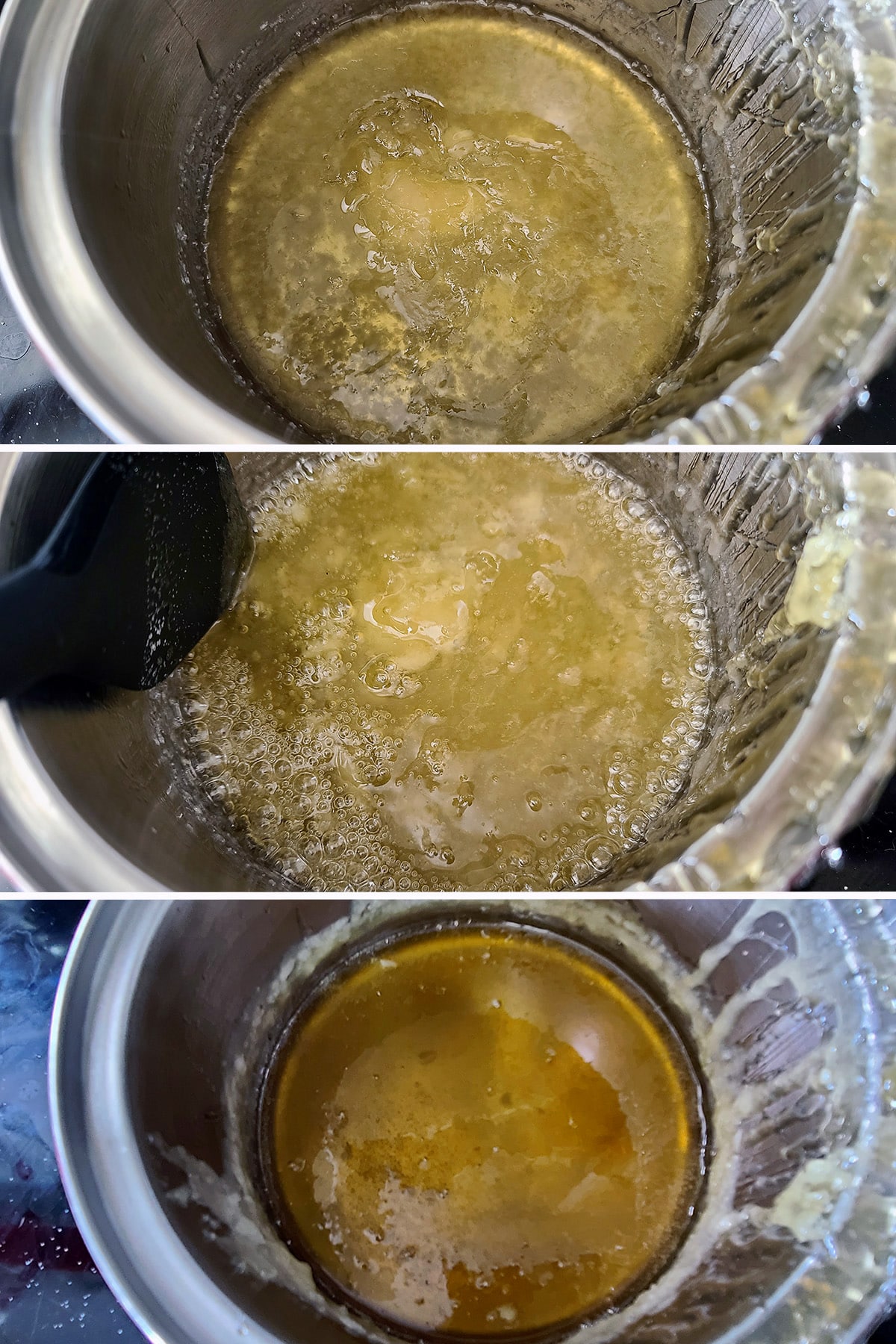 A 3 part image showing stages of a pot of sugar that’s seizing, going from smooth to lumpy.