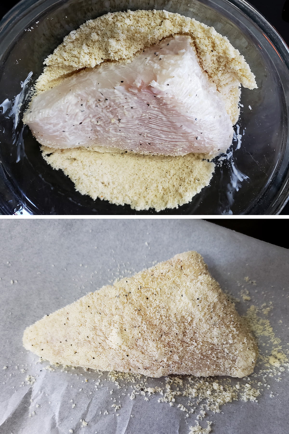 A two part image showing a halibut steak being coated in seasoned almond meal, and the coated halibut steak on a parchment lined baking sheet.