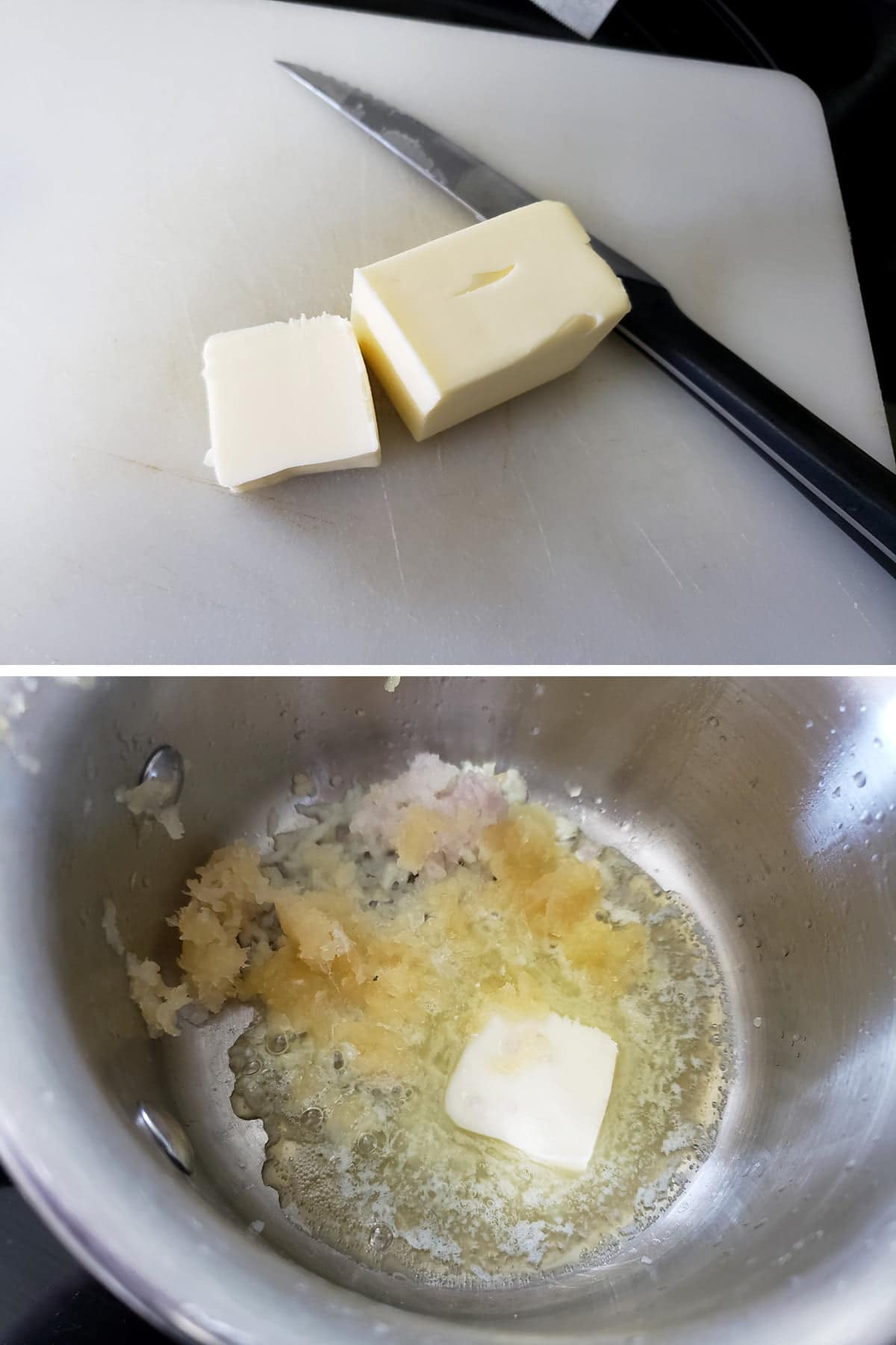 A two part image showing a piece of butter being cut off a block, and butter, shallots, and garlic in a small saucepan.