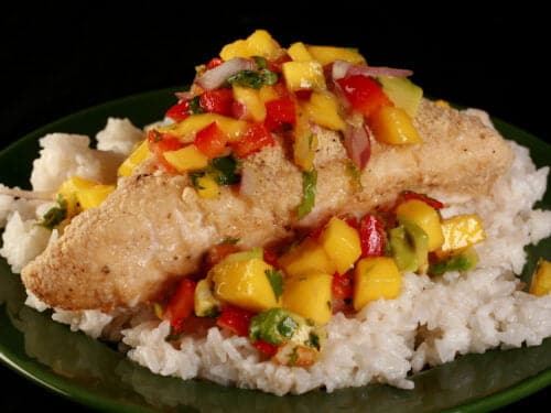 halibut with mango salsa and coconut rice