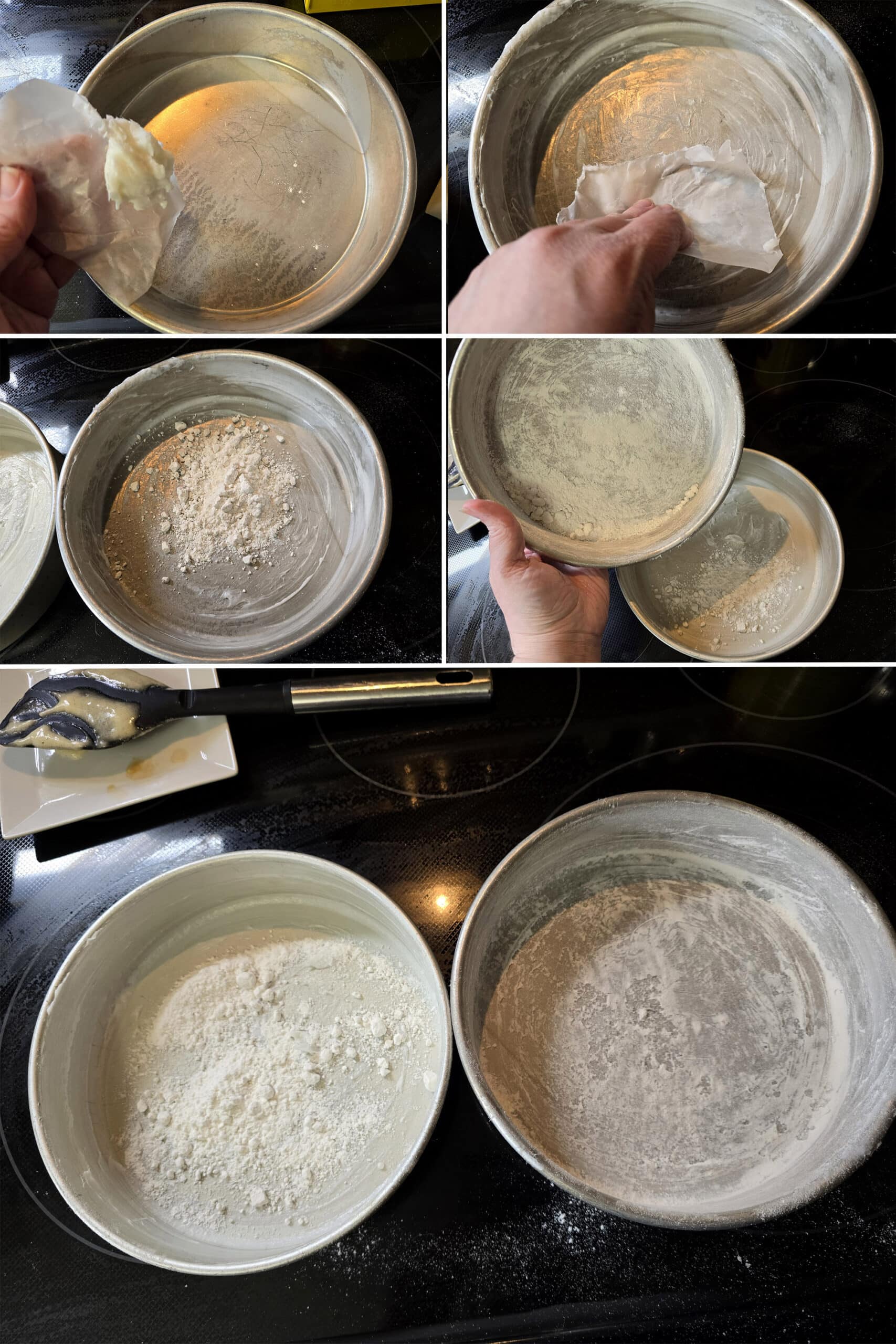 5 part image showing 2 baking pans being greased with lard then coated in flour.