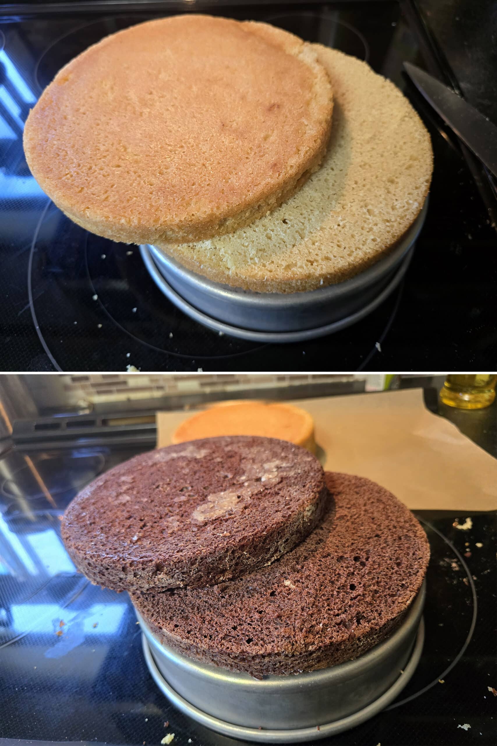 2 part image showing both the vanilla cake and chocolate cake being sliced in half, to form a total of 4 cake rounds.